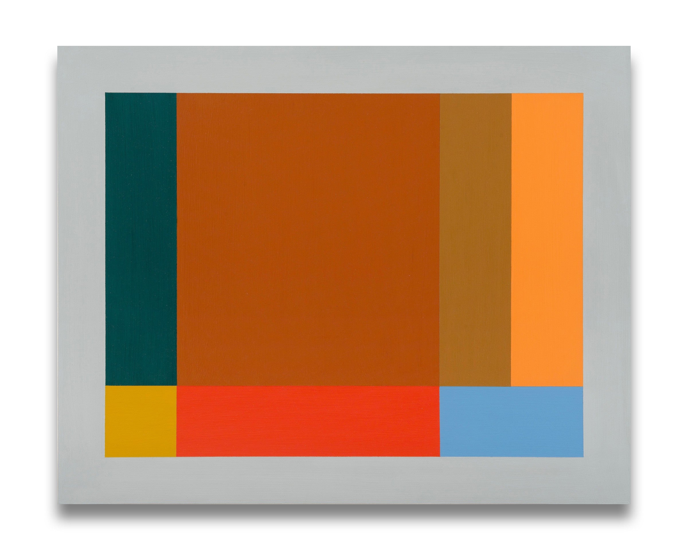 An orange, blue, and green painting on a white wall.
