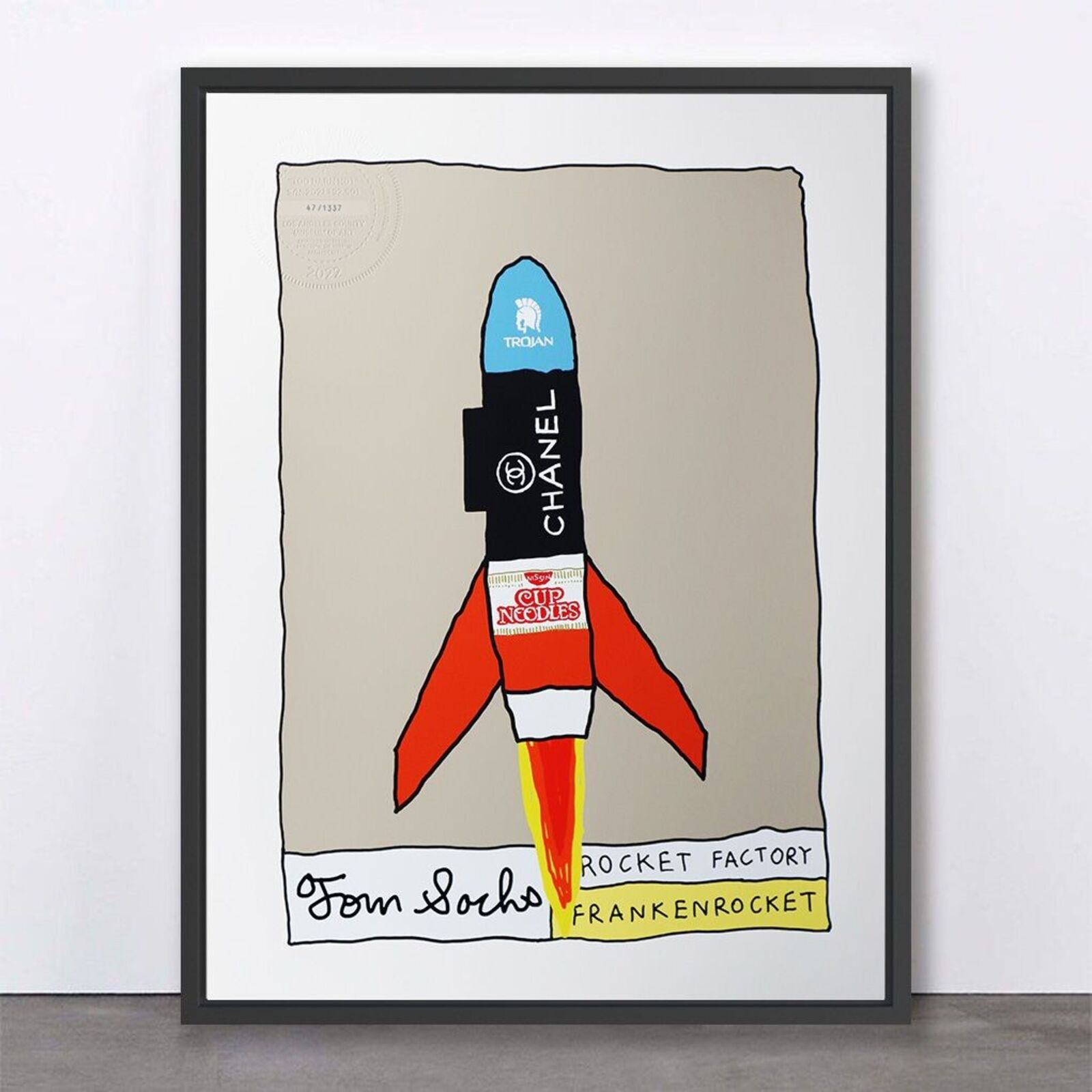 A drawing of a rocket with a chanel logo on it.