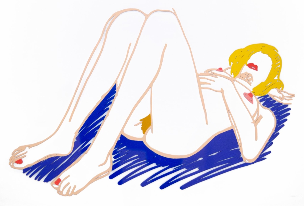 A drawing of a woman laying down on a blue mat.