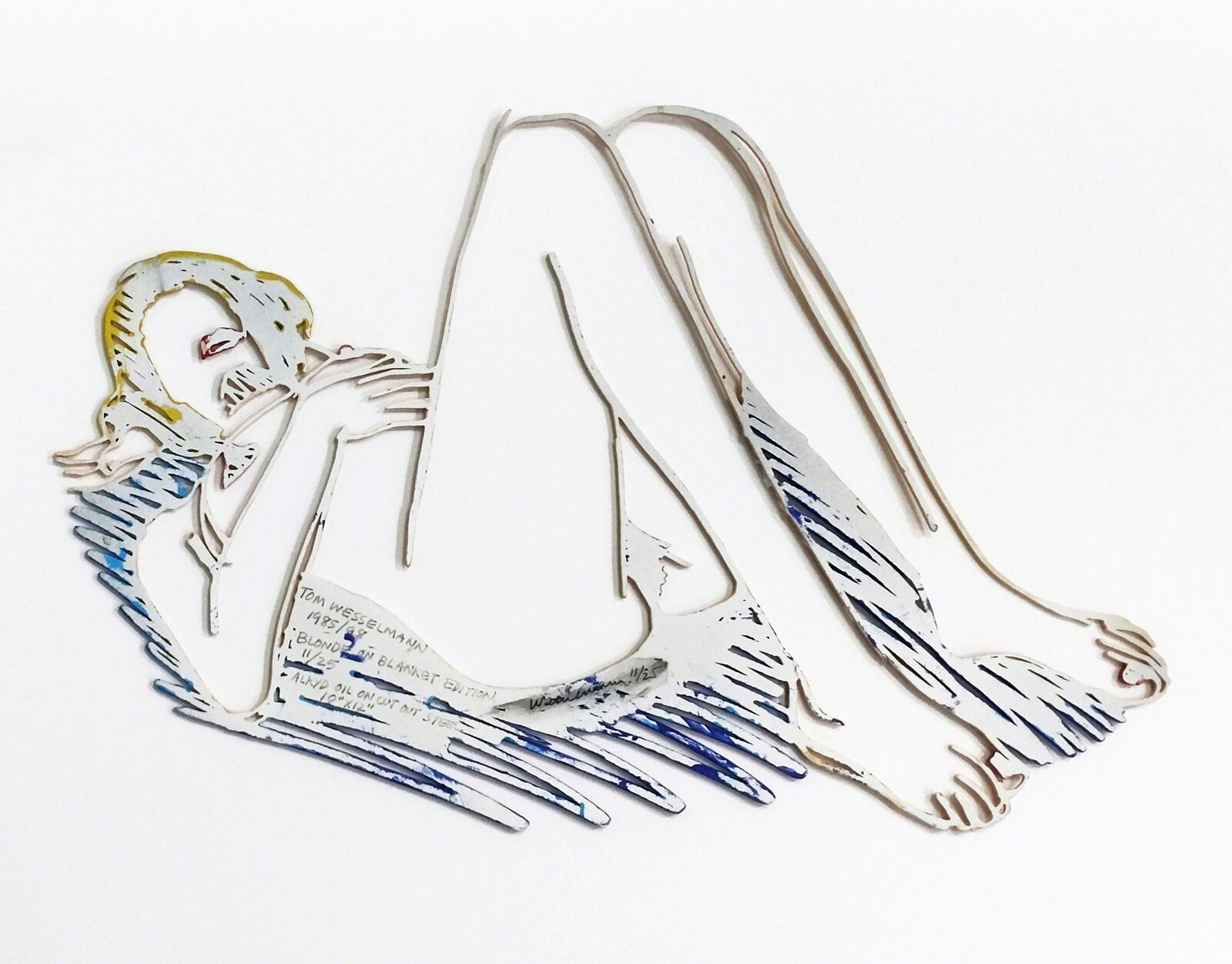 A drawing of a woman laying down on a blue surface.
