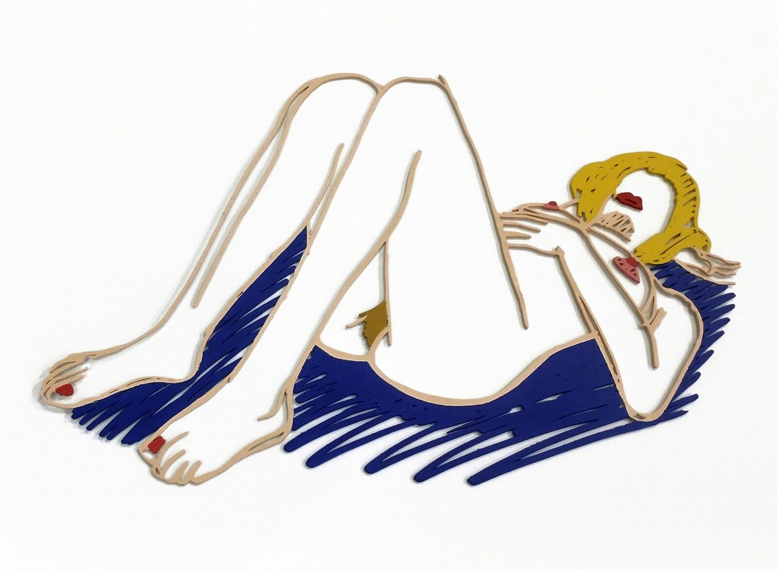 A drawing of a woman laying down on a blue surface.