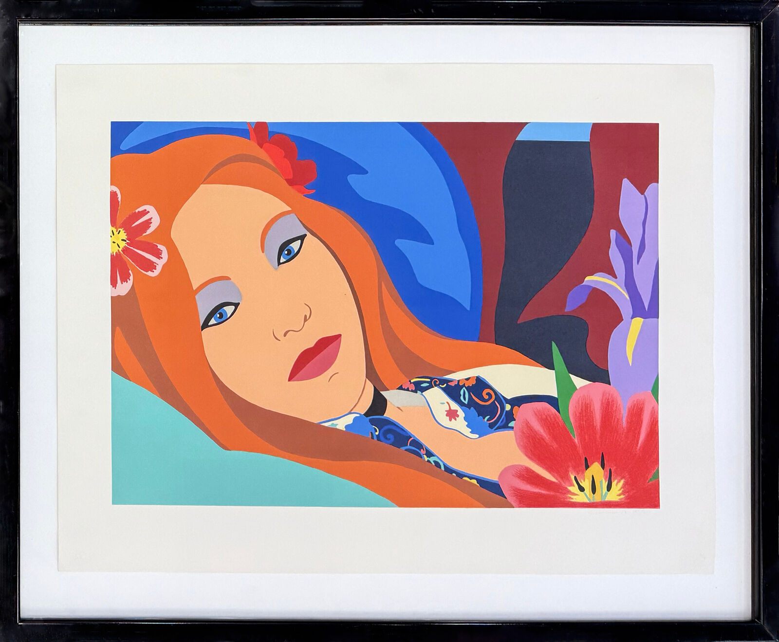 A painting of a woman with red hair and flowers in her hair.