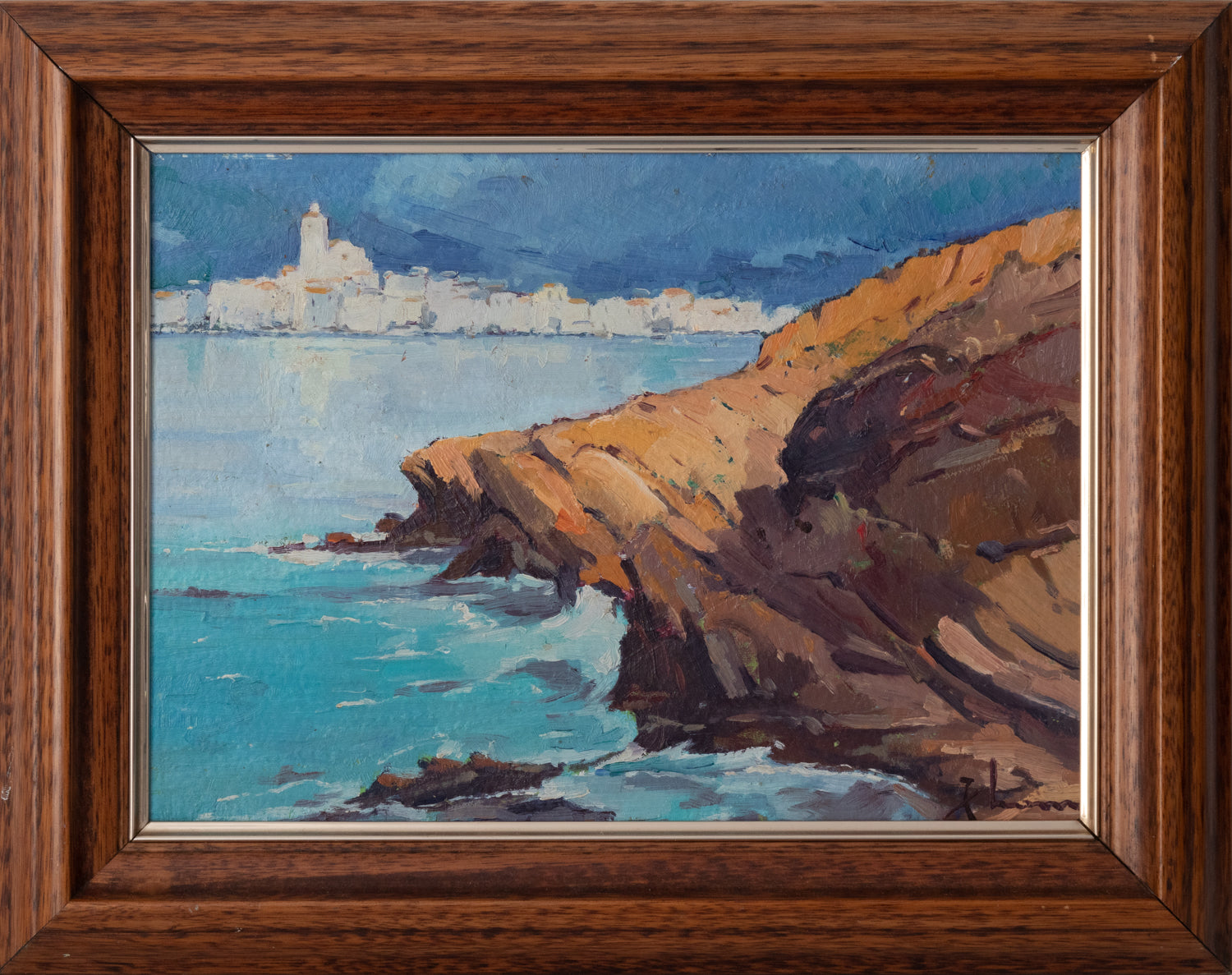 A painting of a rocky coastline with a lighthouse in the distance.