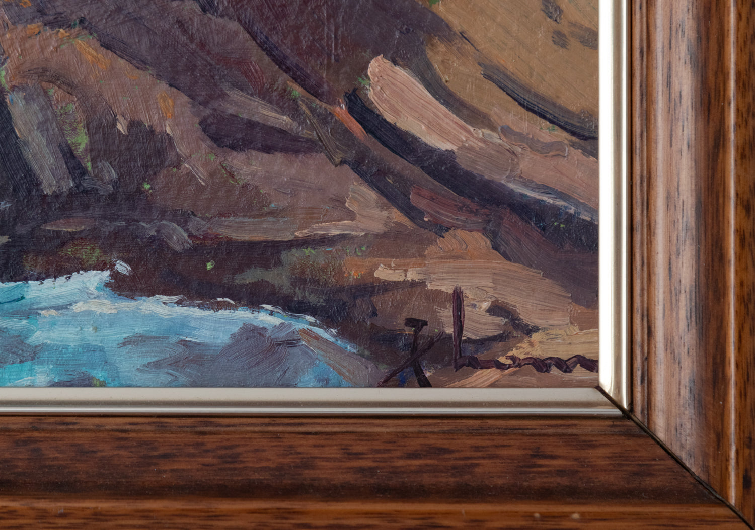 A painting of a rocky coastline with a lighthouse in the distance.