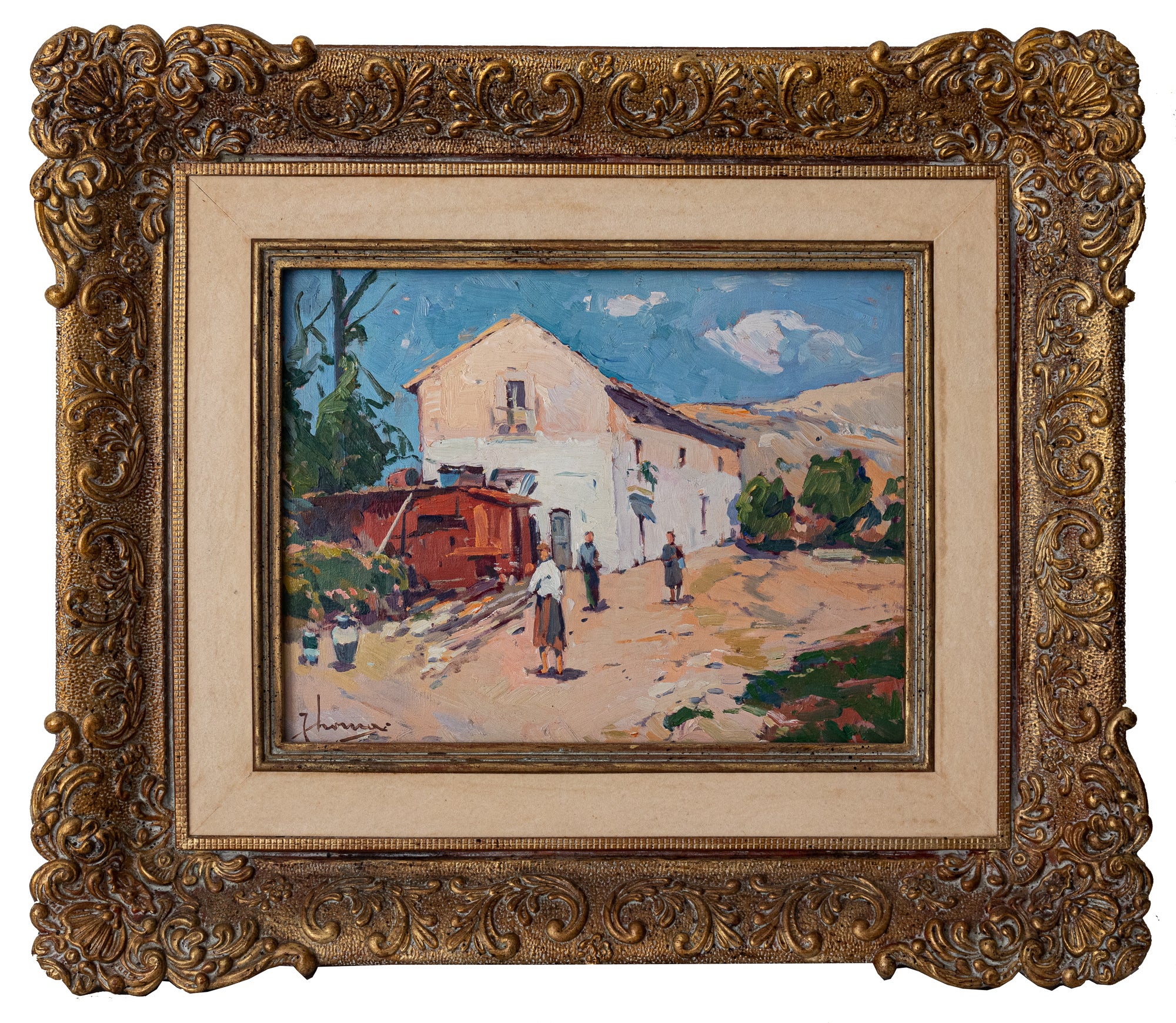 A painting of people walking down a dirt road in front of a house.
