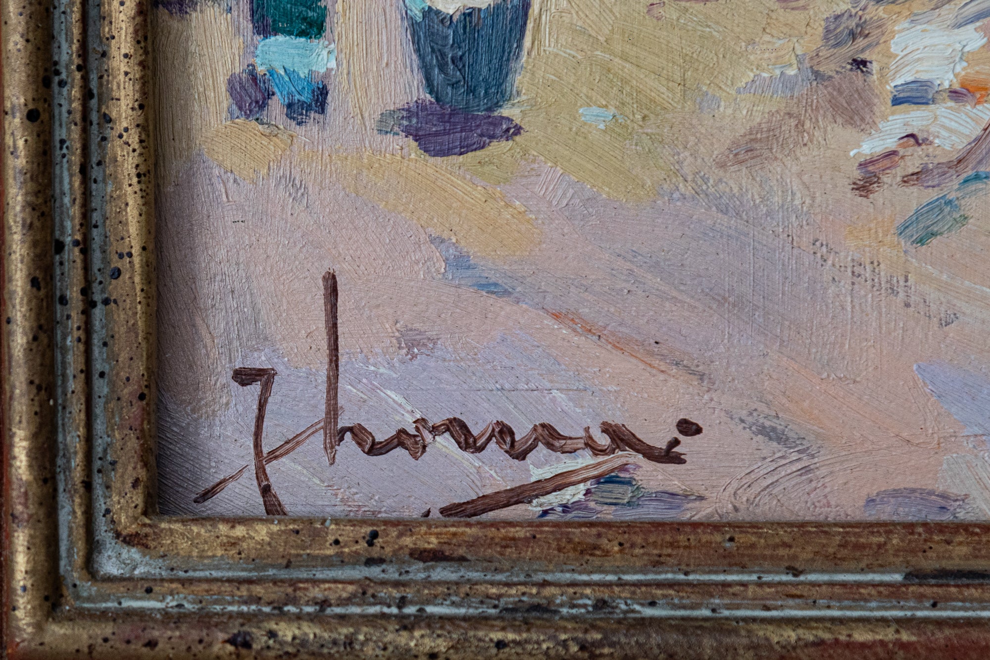 A painting of people walking down a dirt road in front of a house.