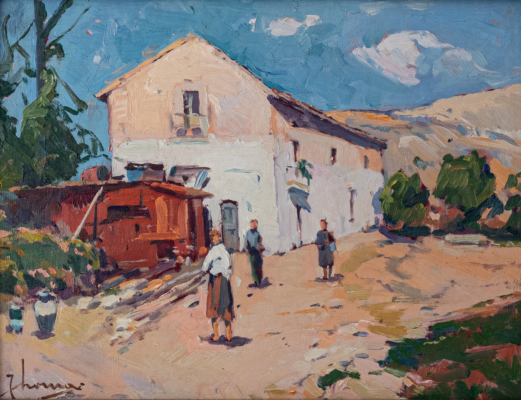 A painting of people walking down a dirt road in front of a house.