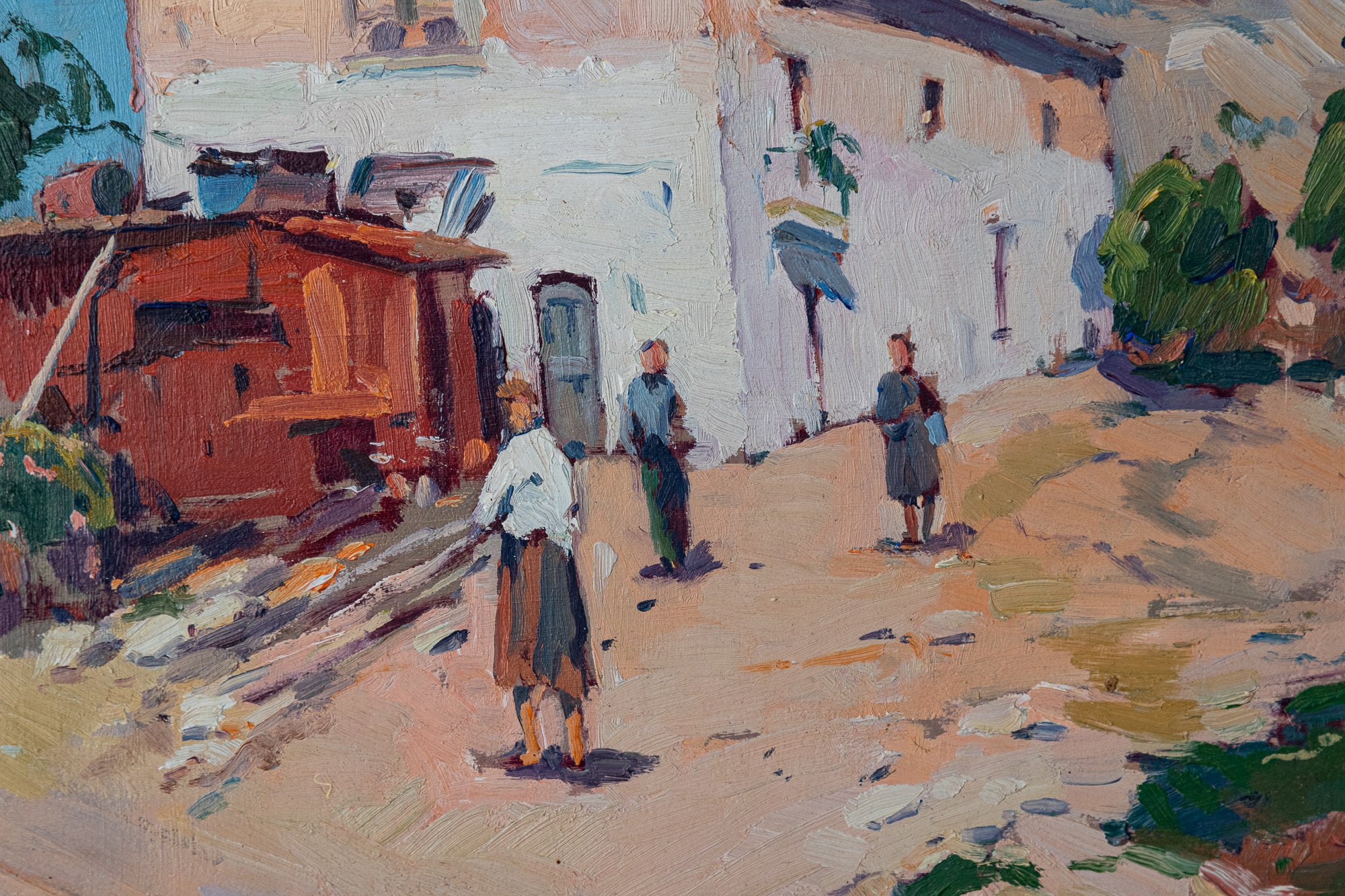 A painting of people walking down a dirt road in front of a house.