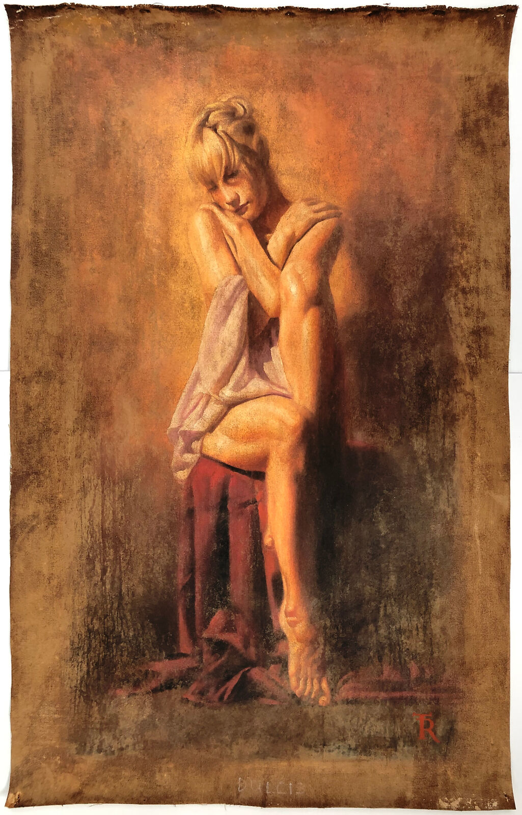 A painting of a woman sitting on a chair.
