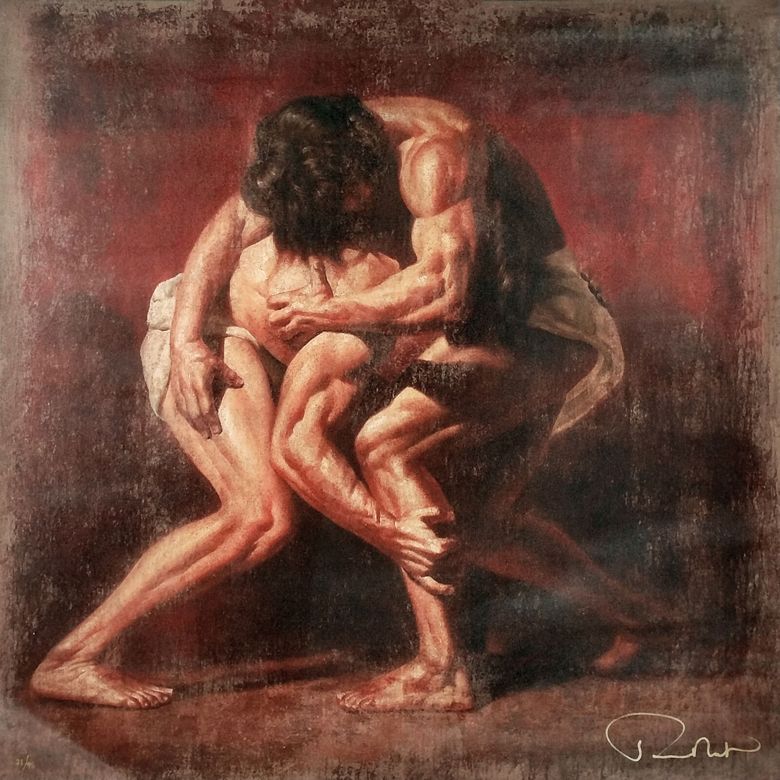 A painting of a man and a woman wrestling. 