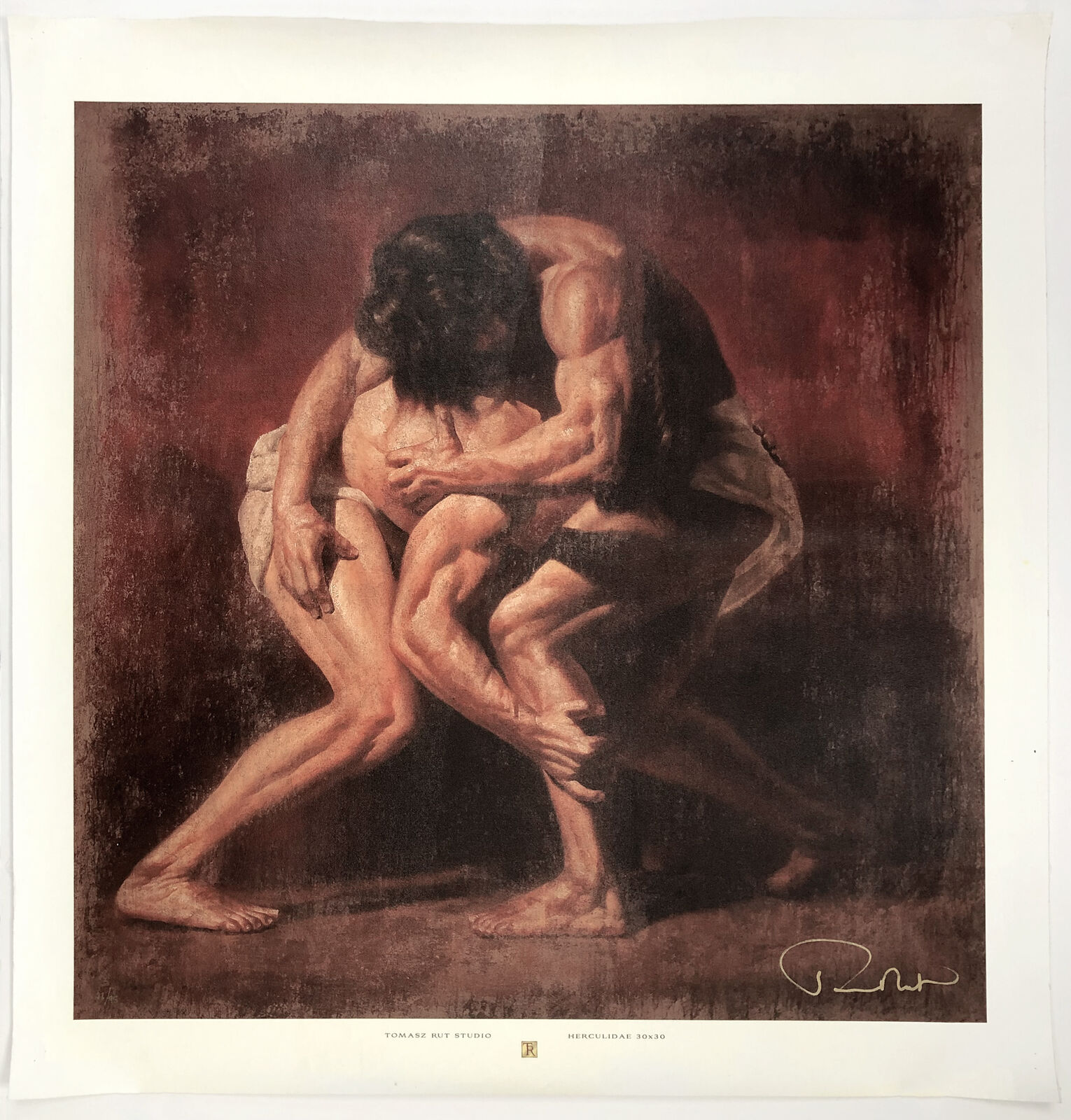 A painting of a man and a woman wrestling. 