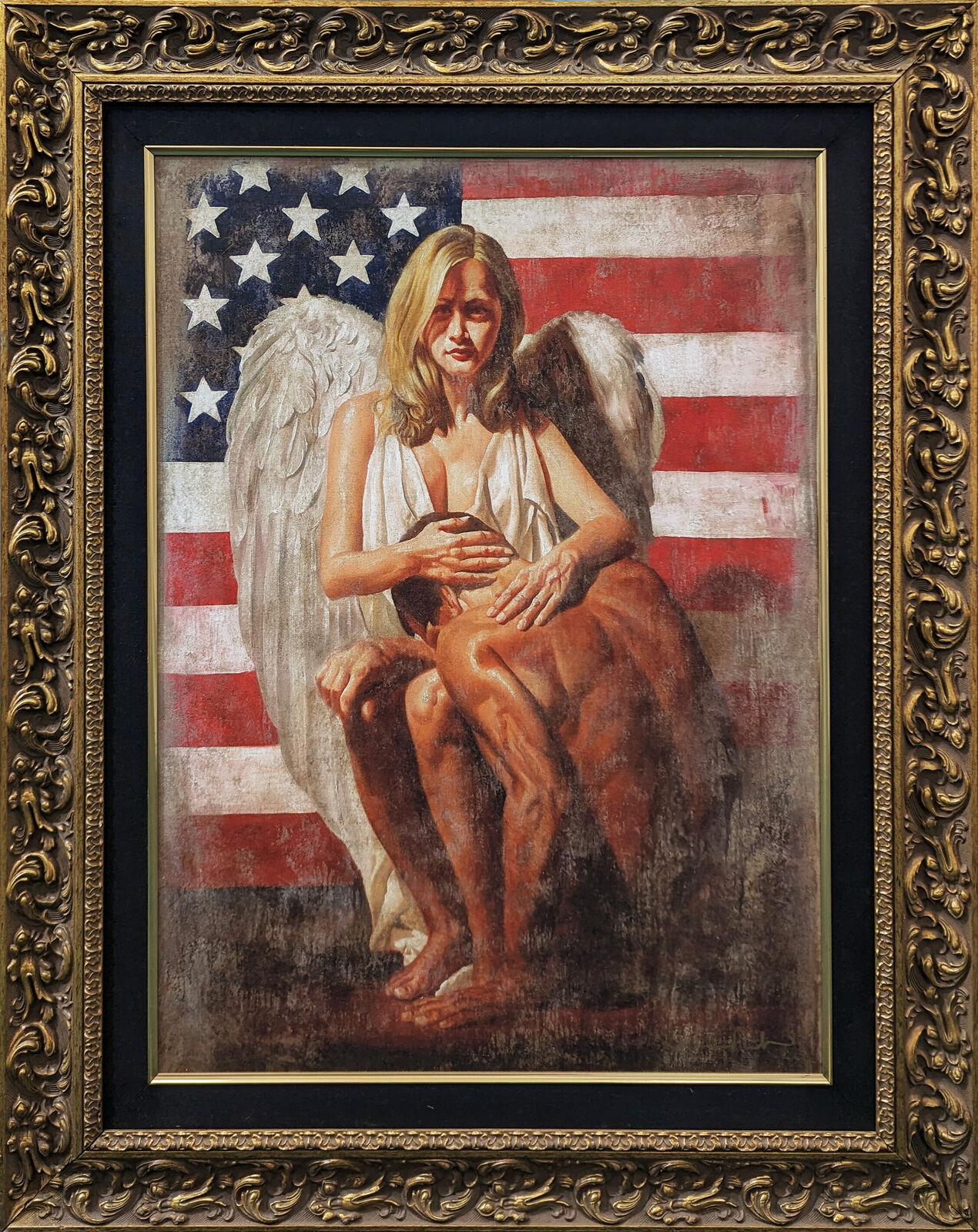 A painting of an angel sitting on top of an American flag.