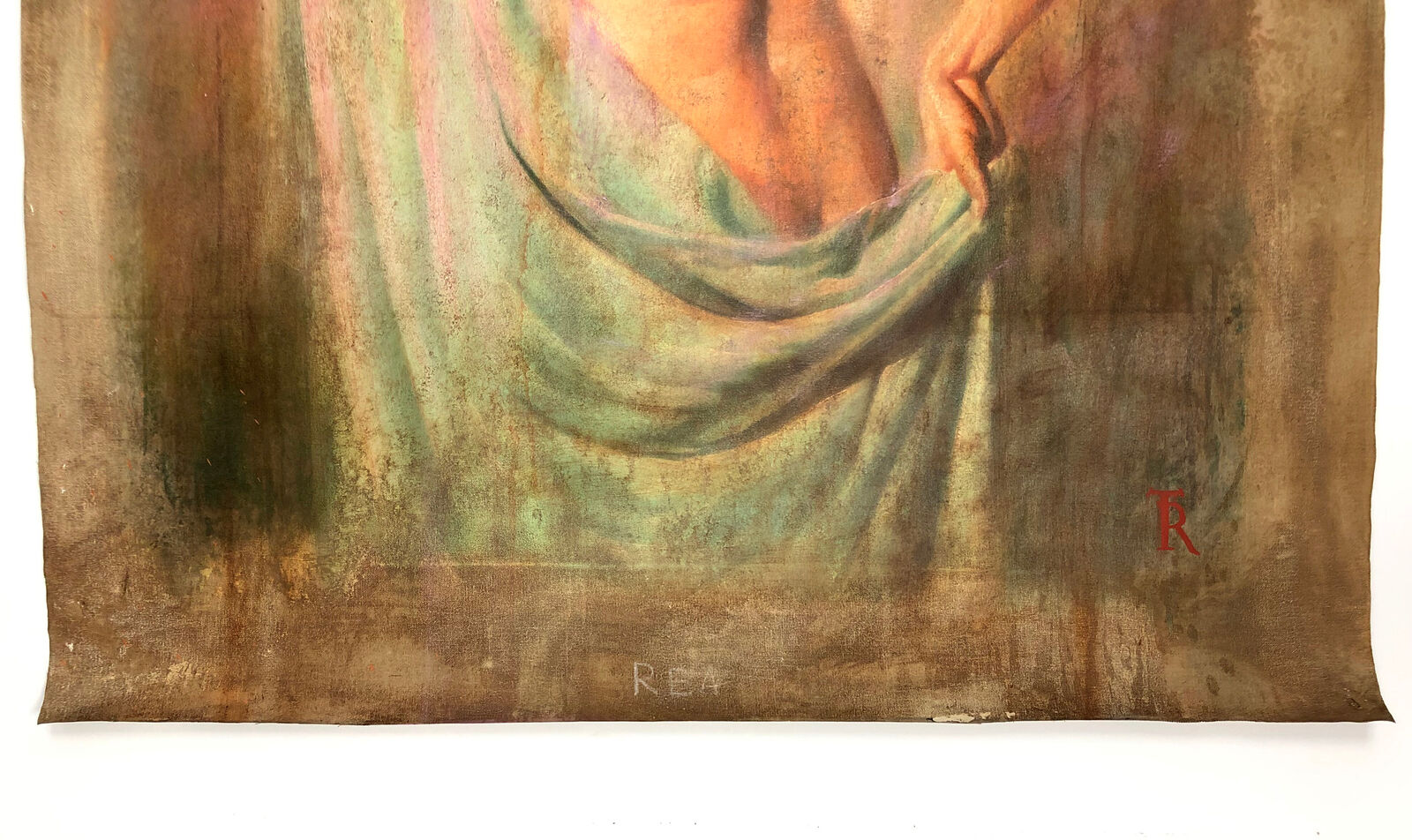 A painting of a woman with a towel draped over her back.