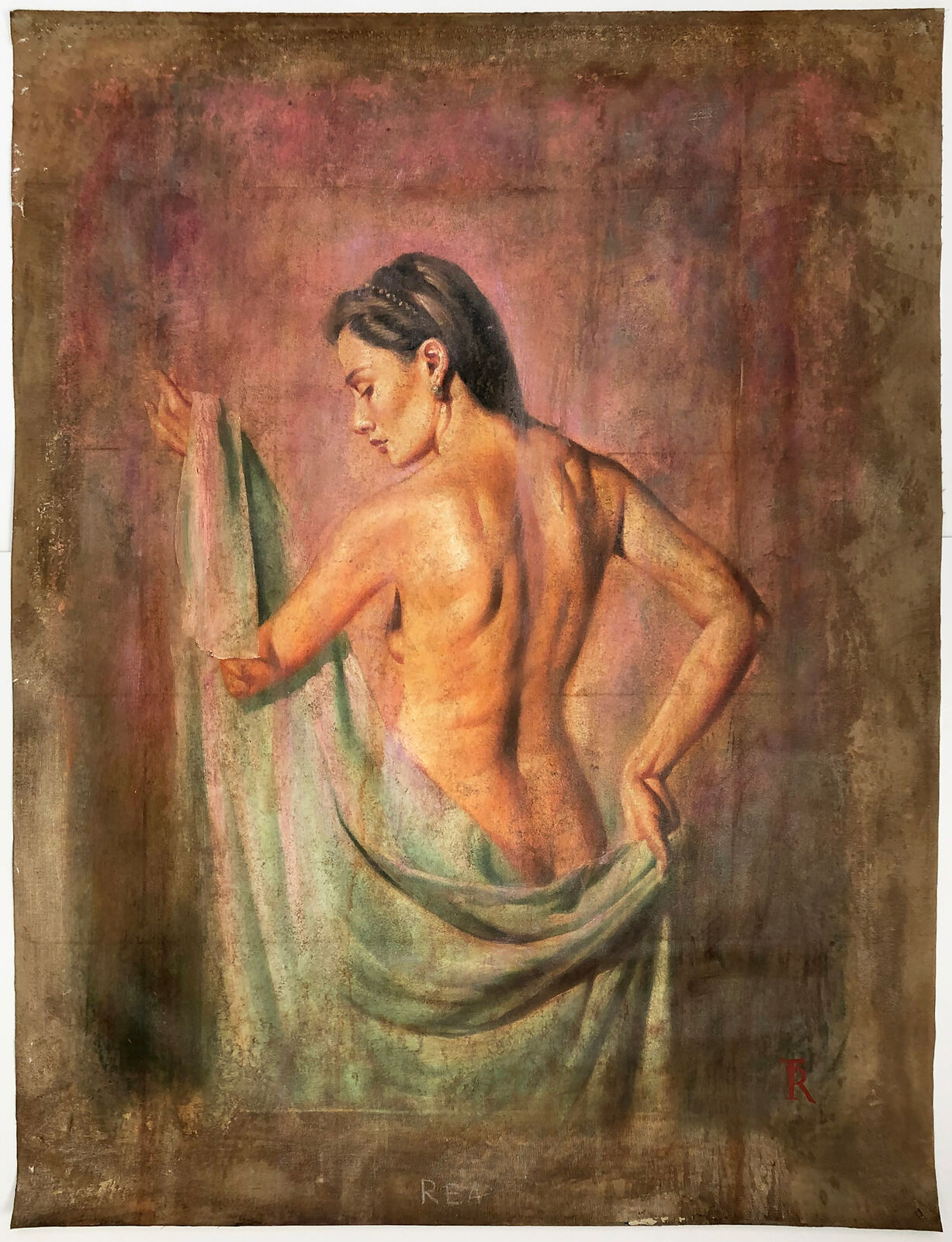 A painting of a woman with a towel draped over her back.