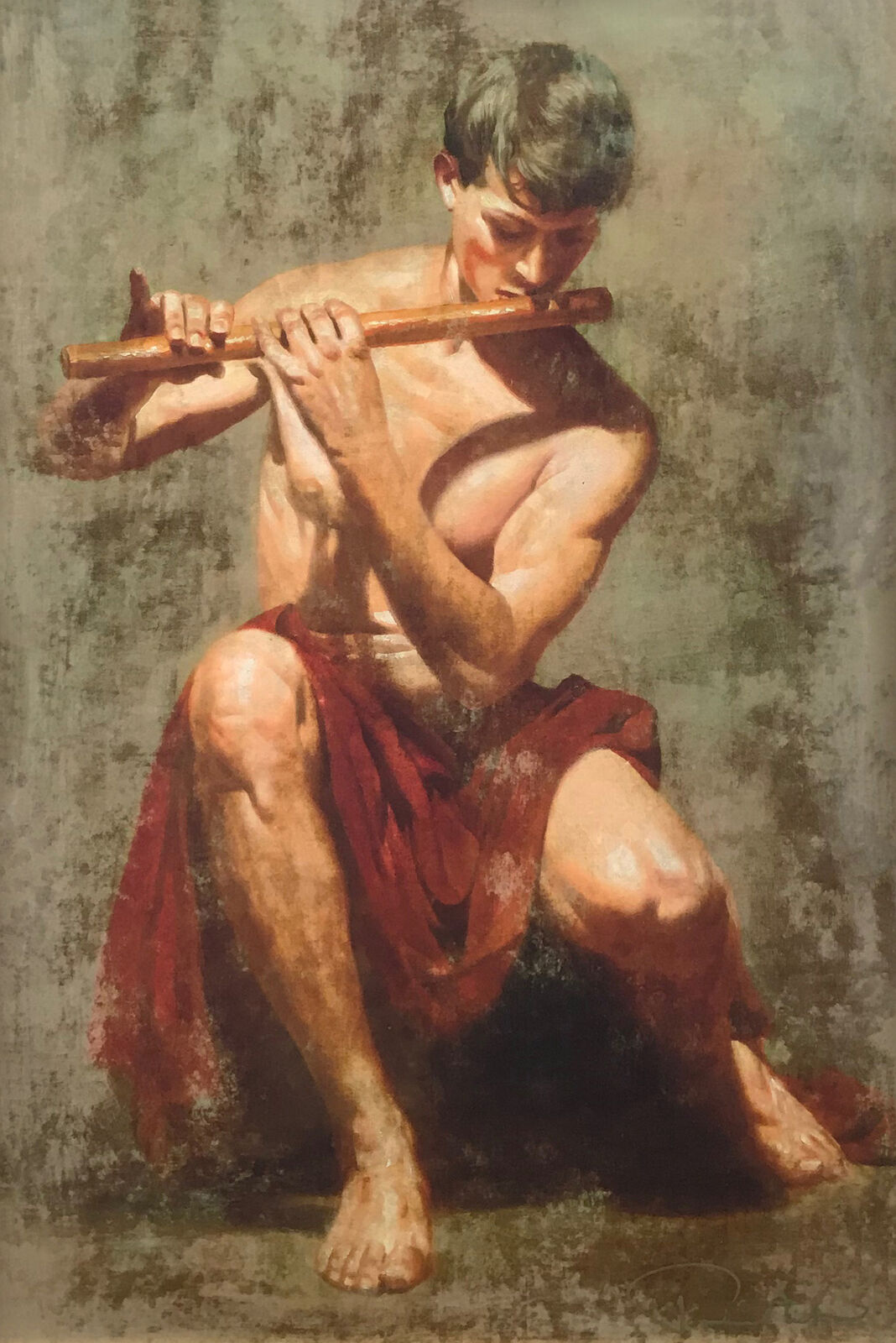 A painting of a man playing a flute.