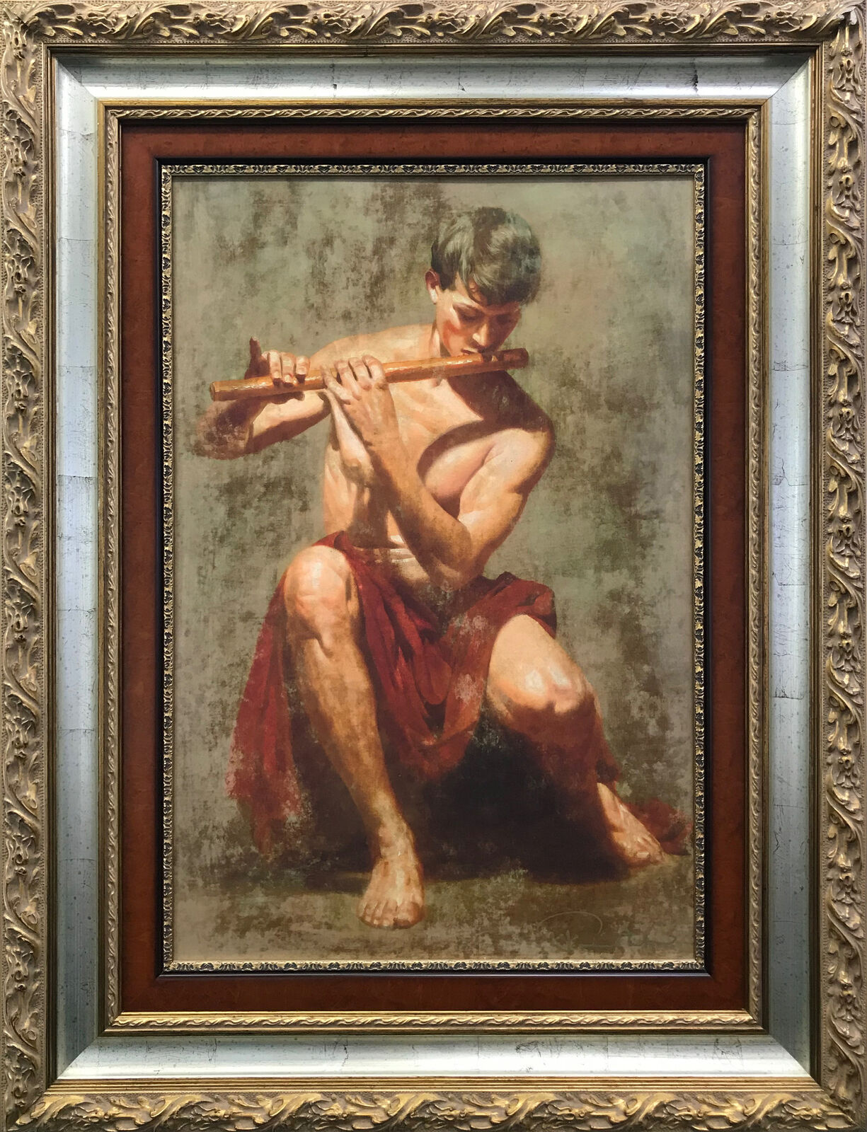 A painting of a man playing a flute.