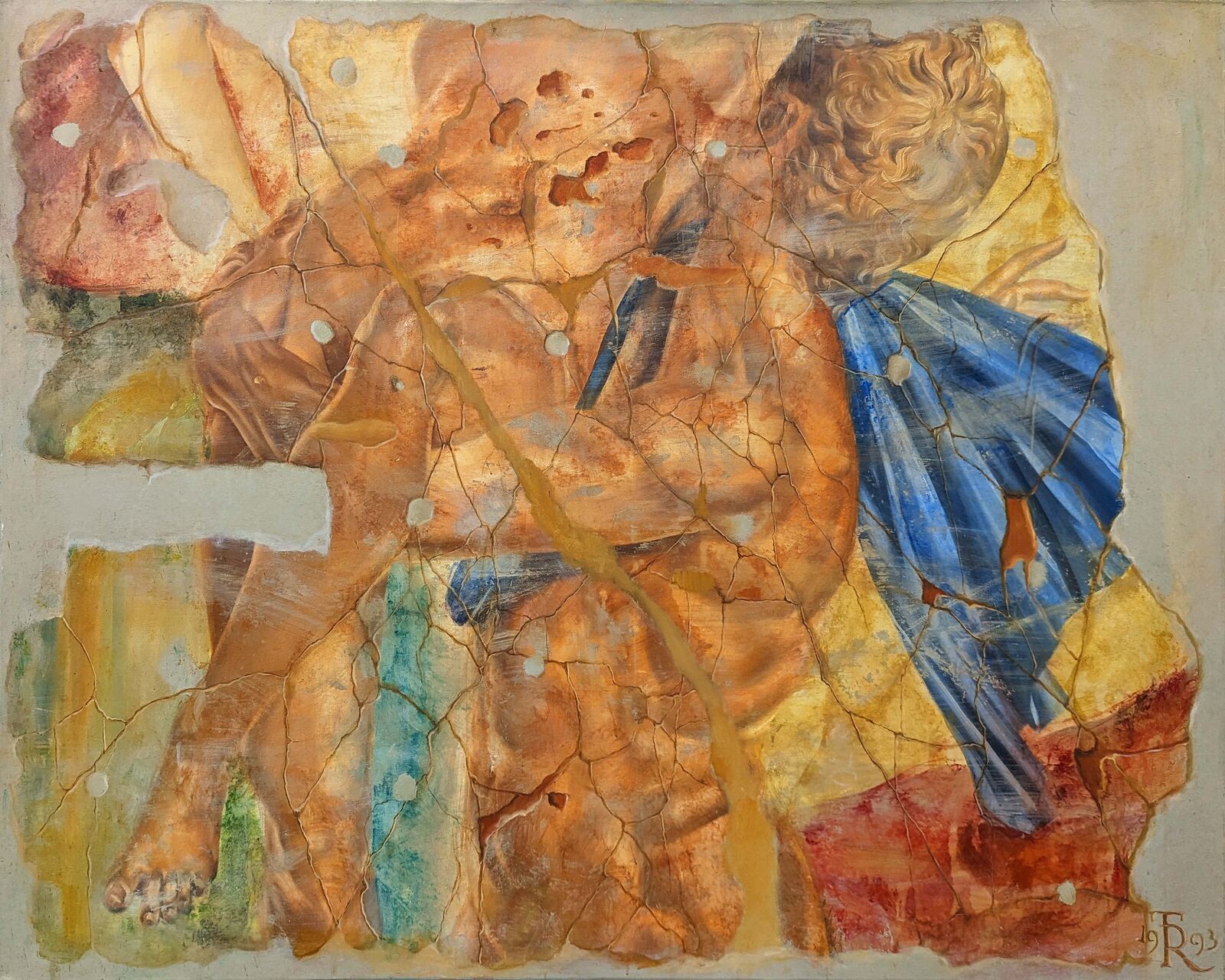 A painting of a man with a bird on his shoulder.