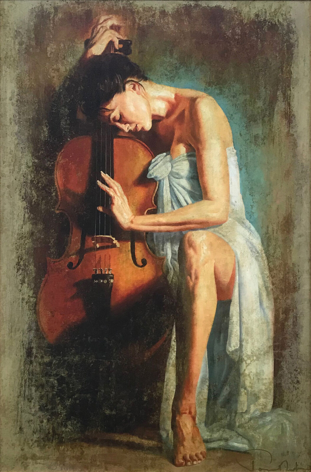 A painting of a woman playing a cello in a gold frame.