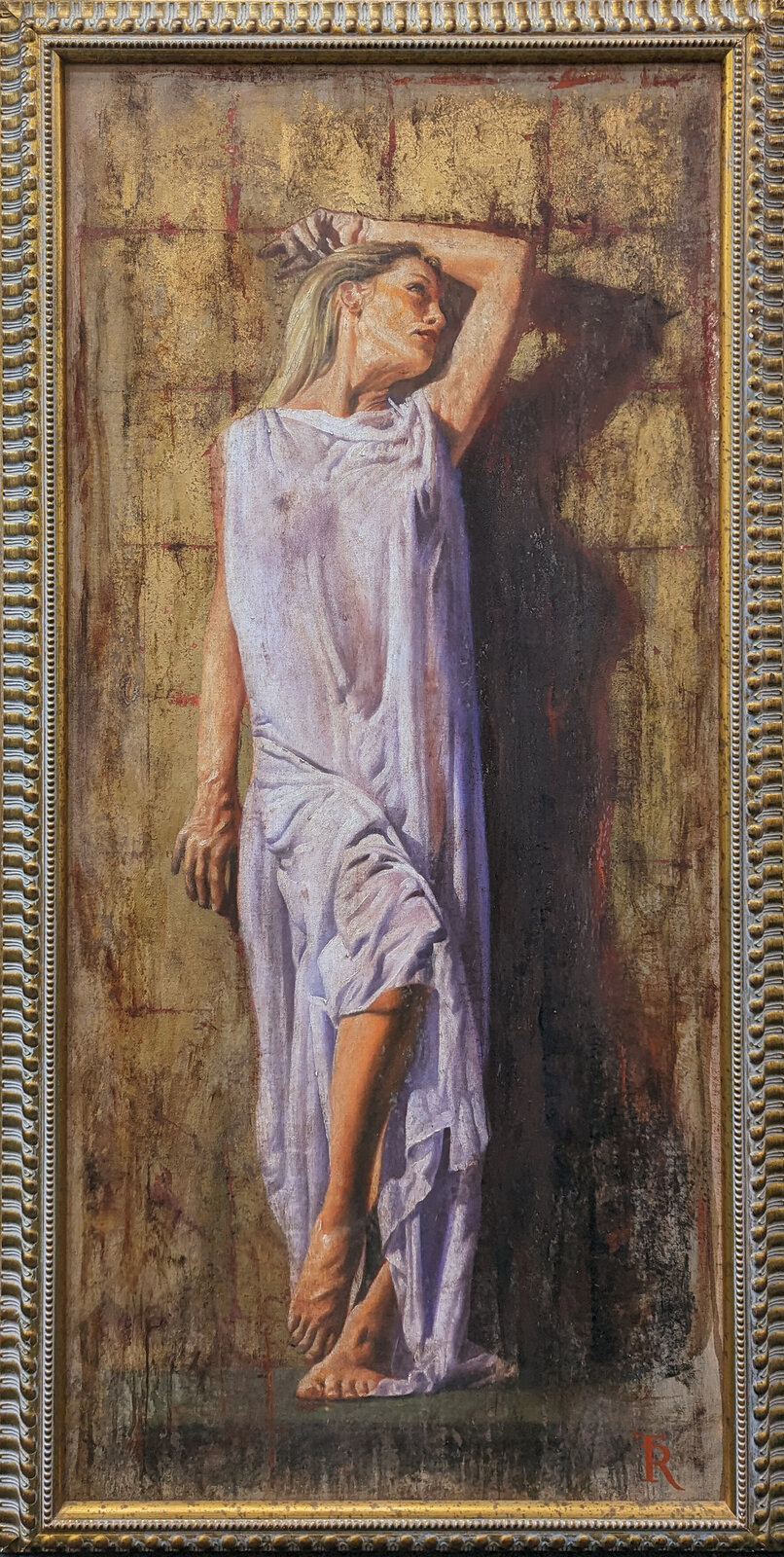 A painting of a woman in a white dress leaning against a wall.
