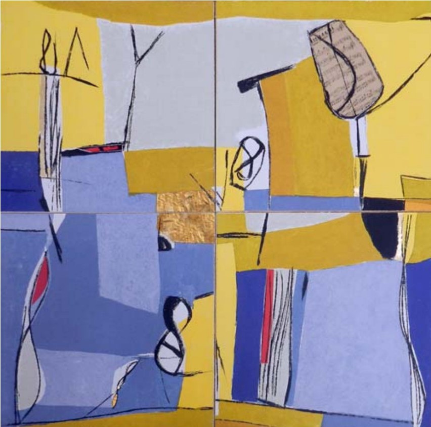 A painting of a yellow, blue, and red abstract painting.