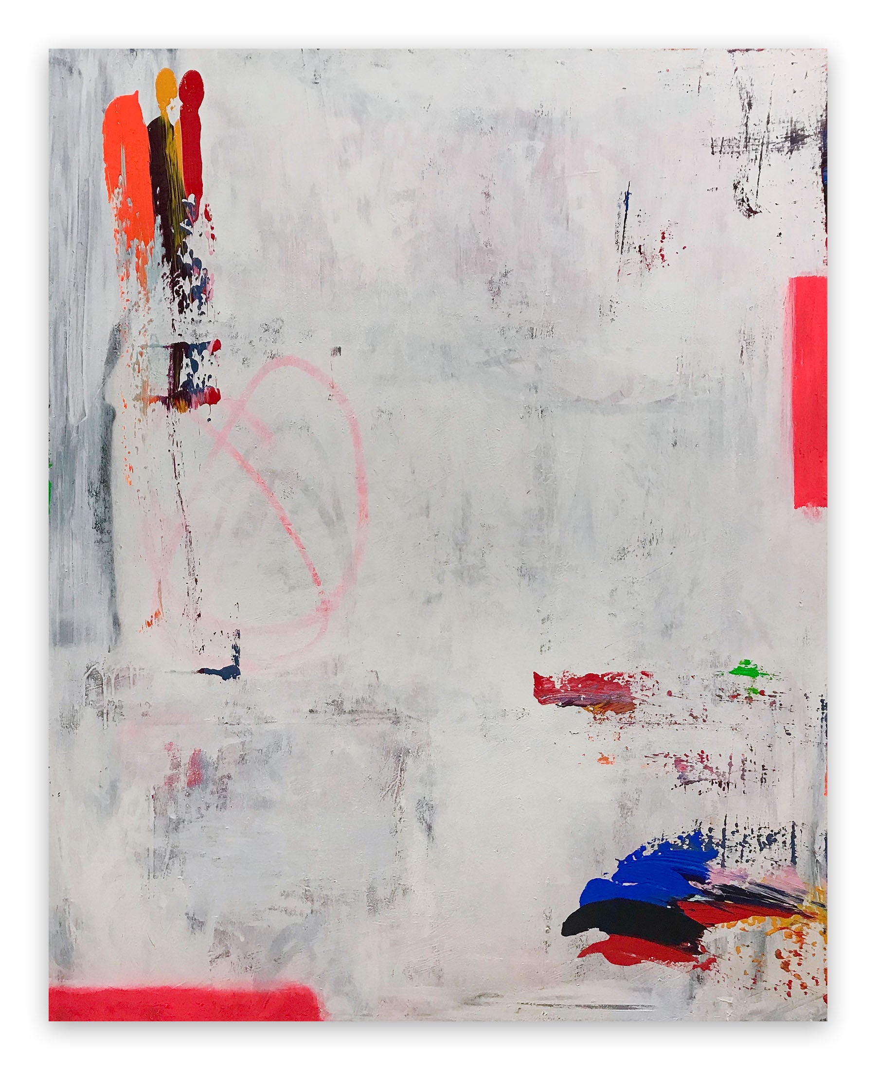 A painting on a white wall with red, blue, and yellow paint.