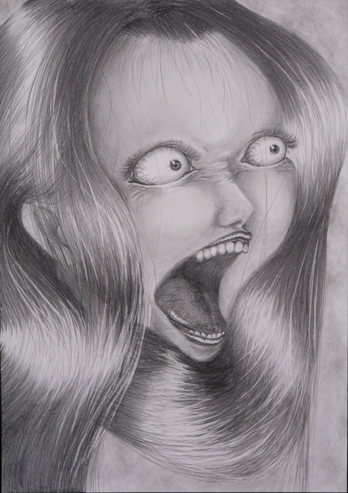 A hyper-realistic charcoal portrait of a screaming figure with wide, staring eyes.