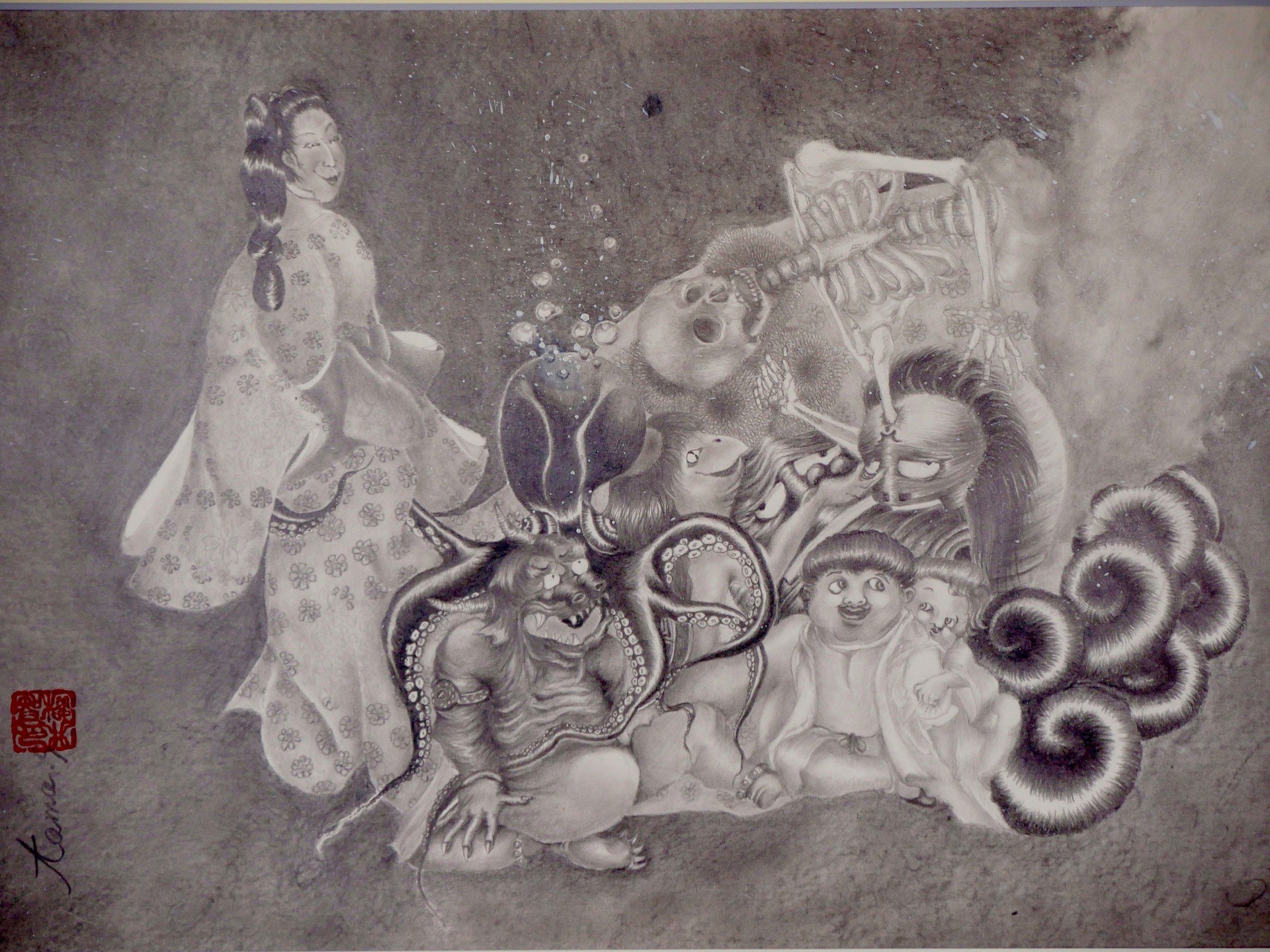 A monochromatic illustration of a woman in traditional dress observing a chaotic scene filled with monsters, skeletons, and swirling forms.