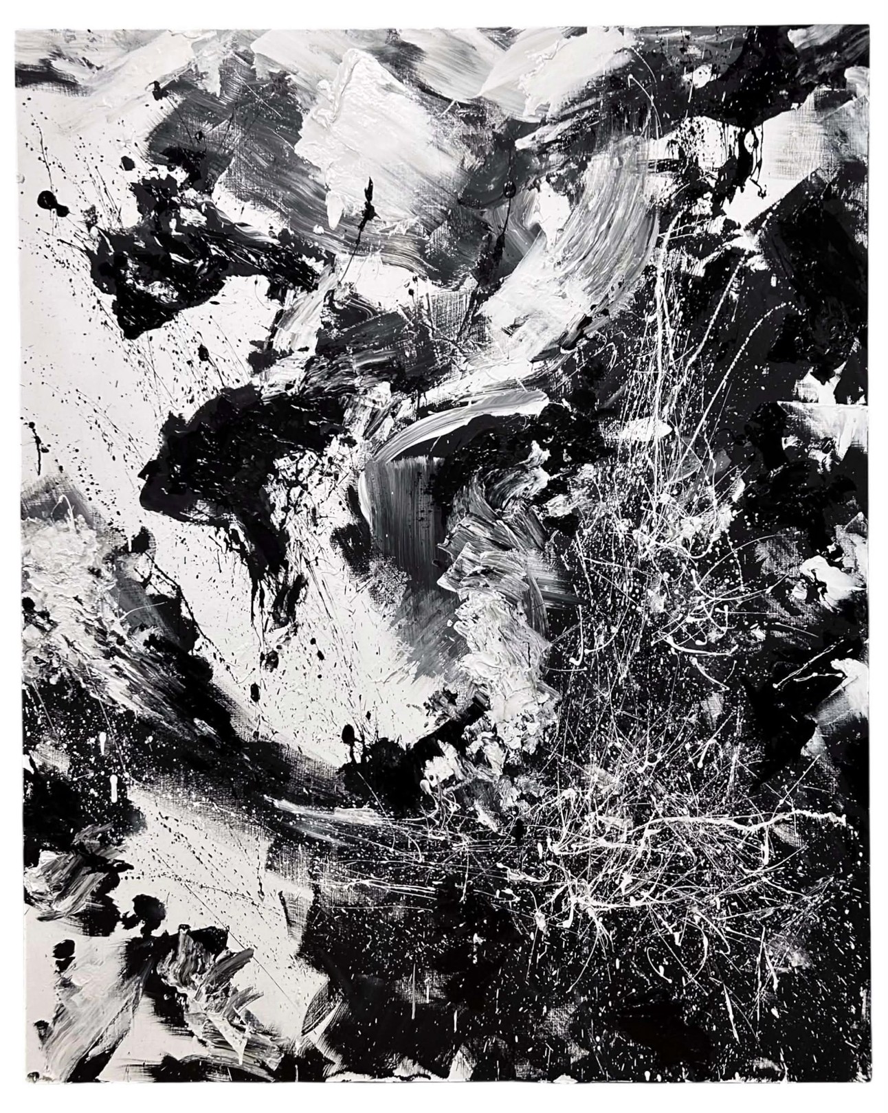 A dynamic black and white abstract painting featuring bold brushstrokes, splatters, and textured layers.