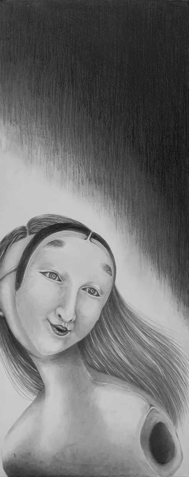 A monochromatic portrait of a figure with long hair and a distinctive headband, rendered in a sketch-like style against a dark background.