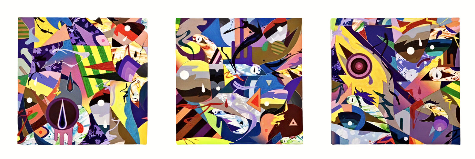 A set of three abstract paintings on a white background.