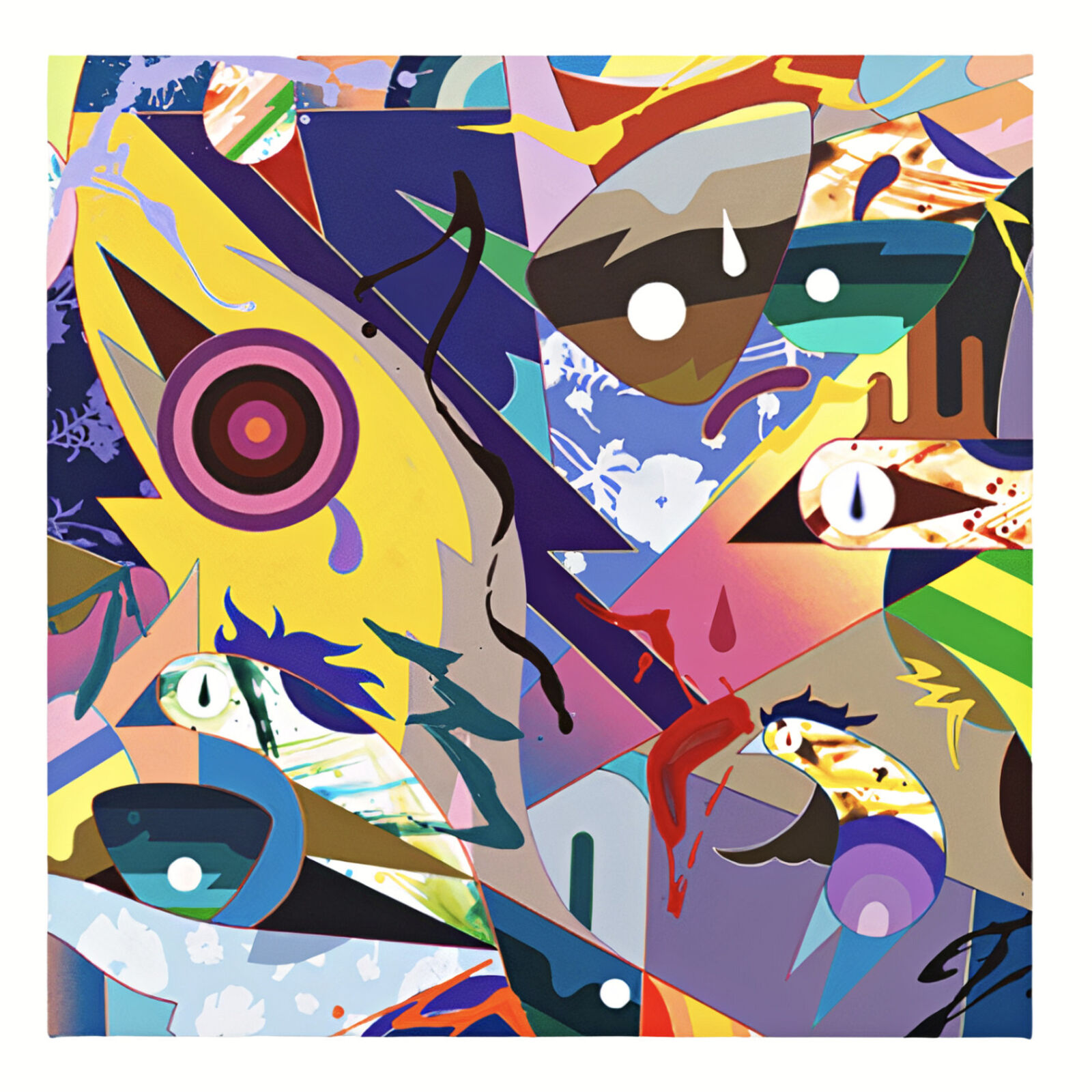 A set of three abstract paintings on a white background.