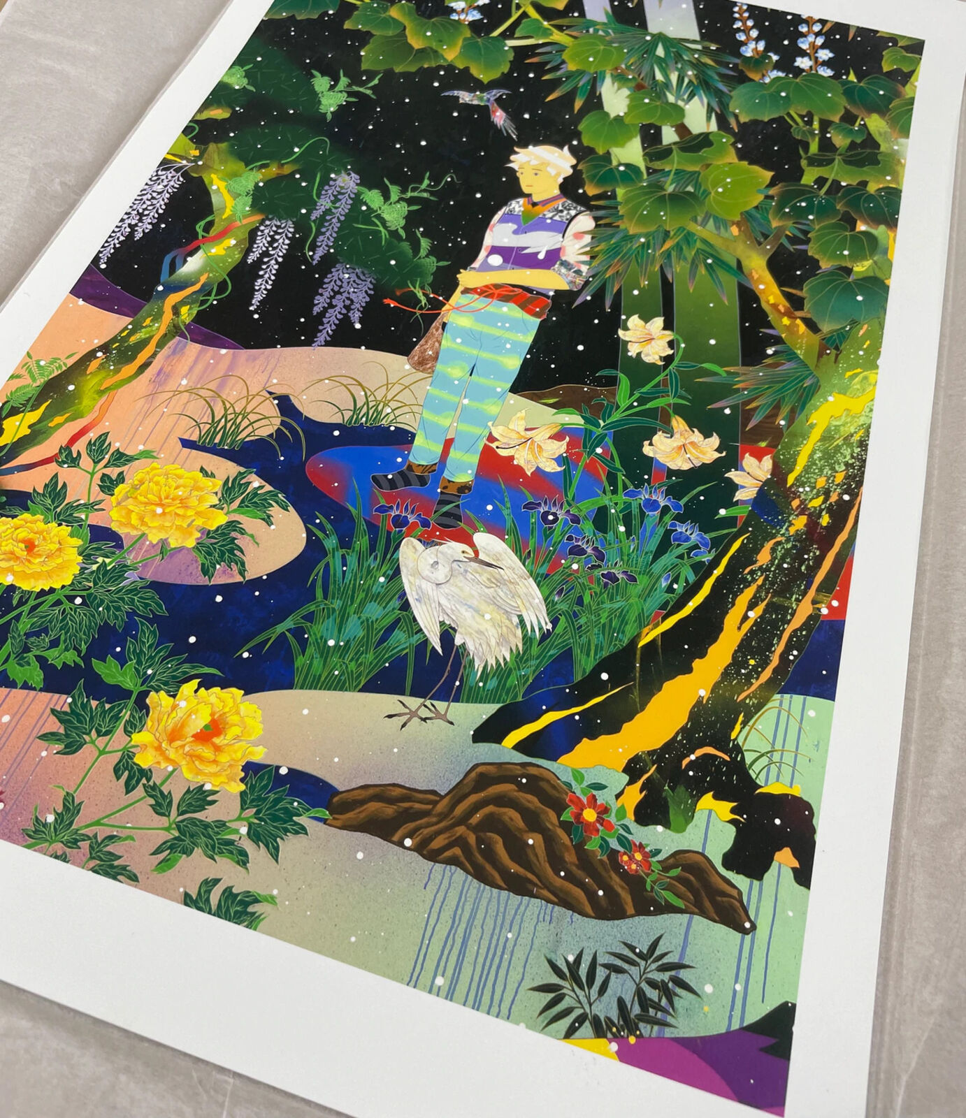 A painting of a man standing in a garden surrounded by flowers.