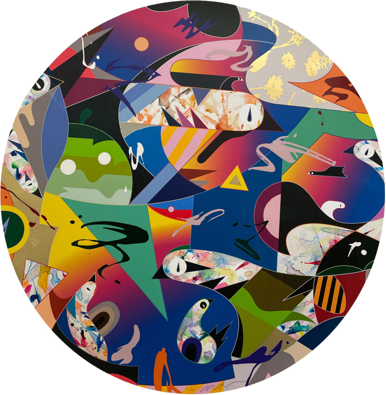 A circle of colorful abstract art on a white background.