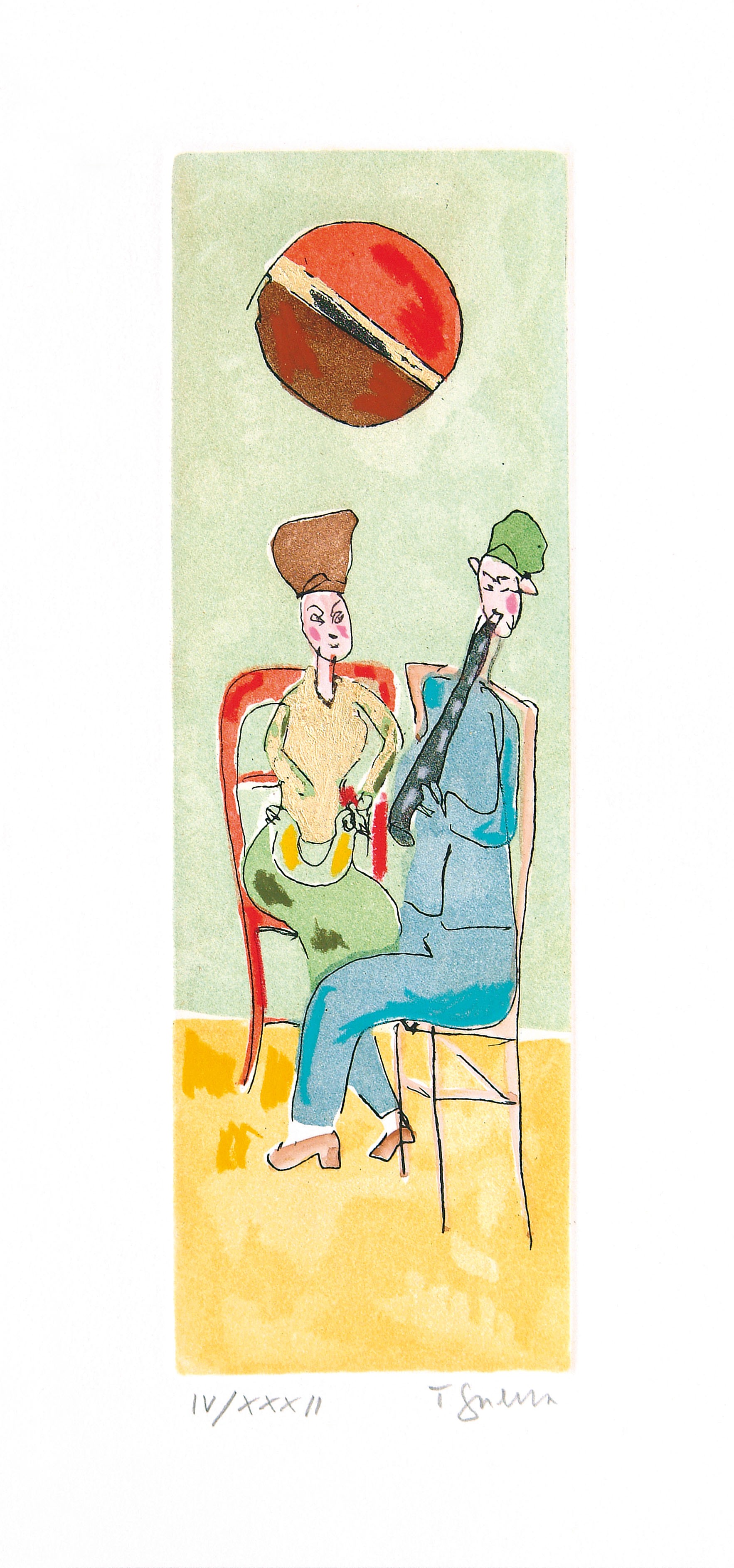 A drawing of a man and a woman sitting in a chair.