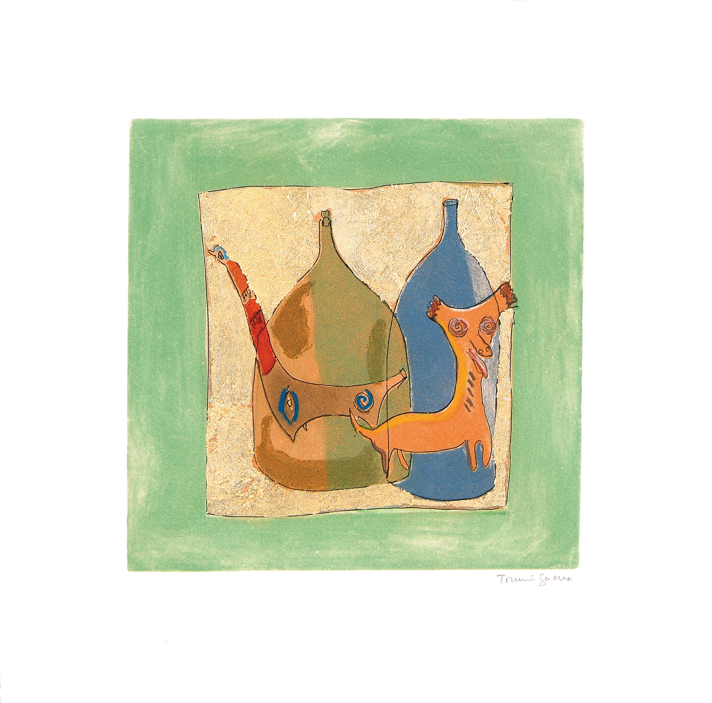 A painting of two bottles and a dog on a green background.