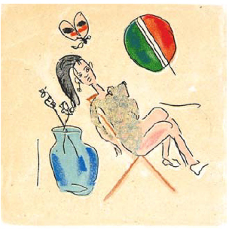 A drawing of a woman sitting in a chair next to a vase.