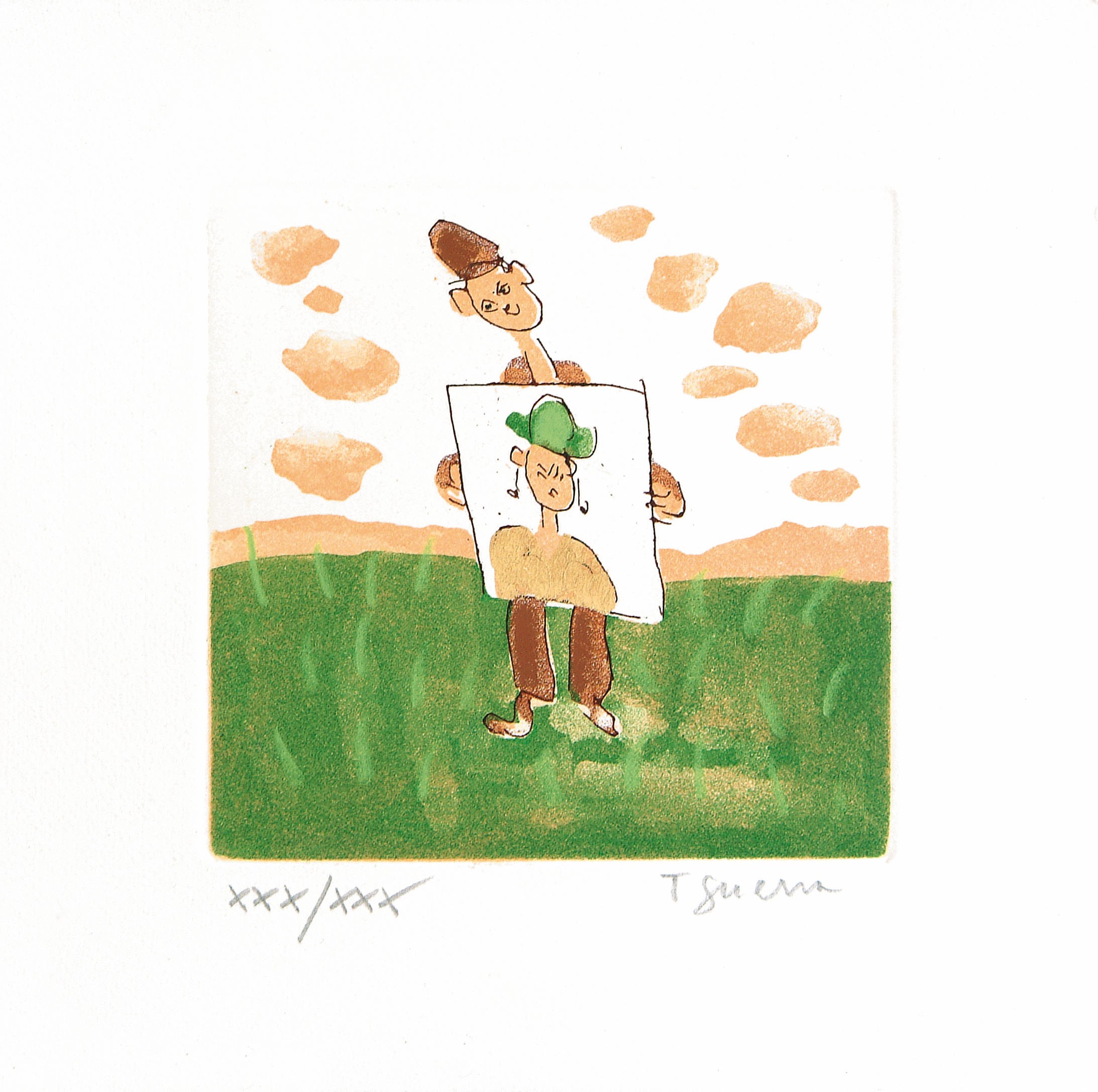 A drawing of a man holding a sign in a field.