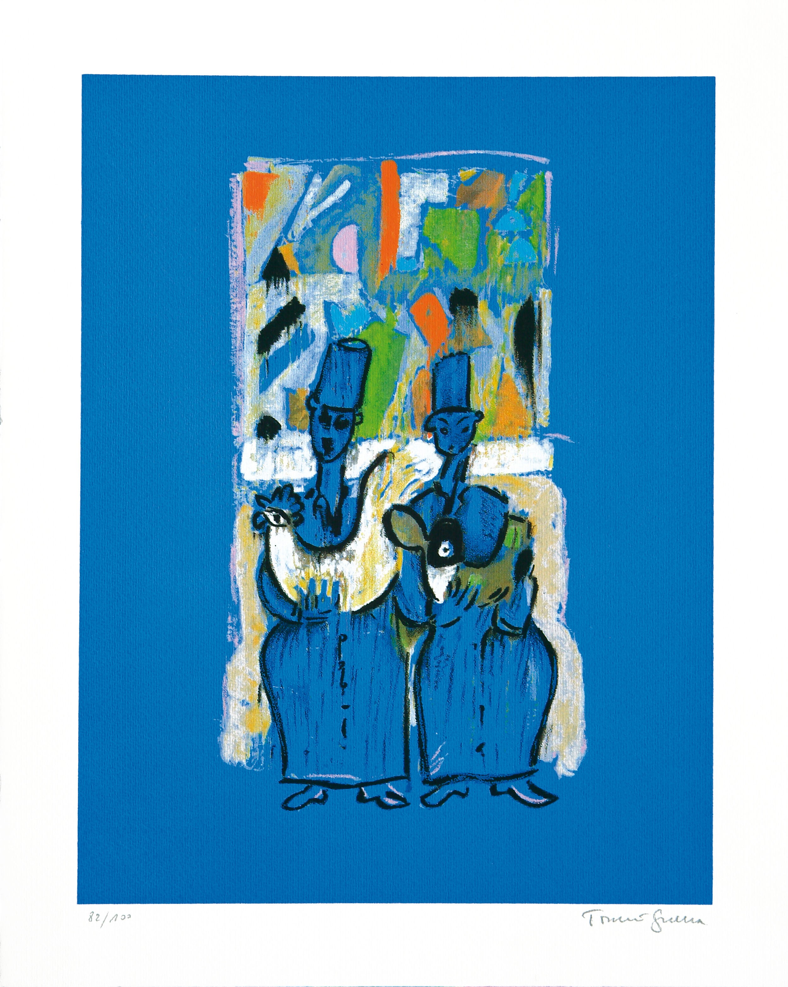 A blue and yellow painting of two women in blue dresses.