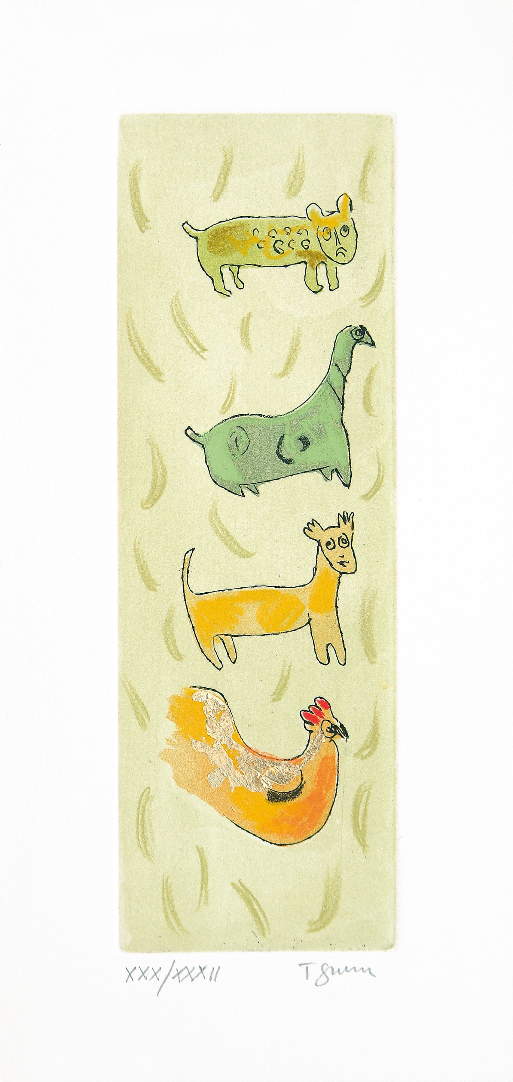 A drawing of a group of animals on a green background.