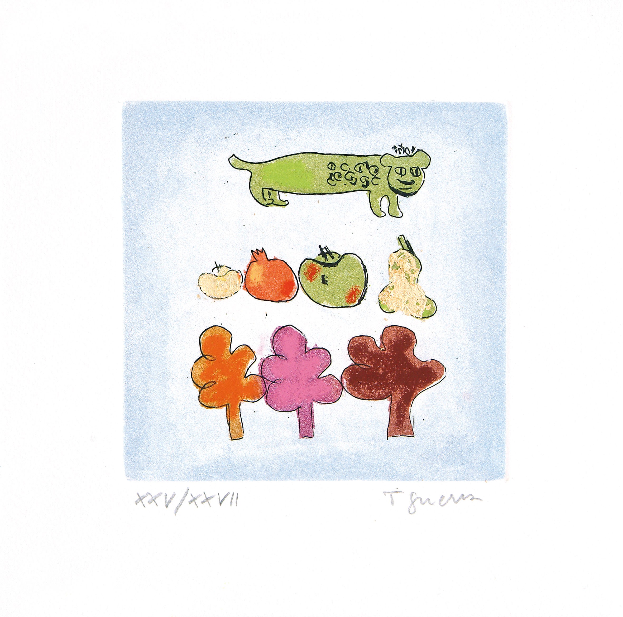 A drawing of a dog, apples, pears, and flowers on a blue background.