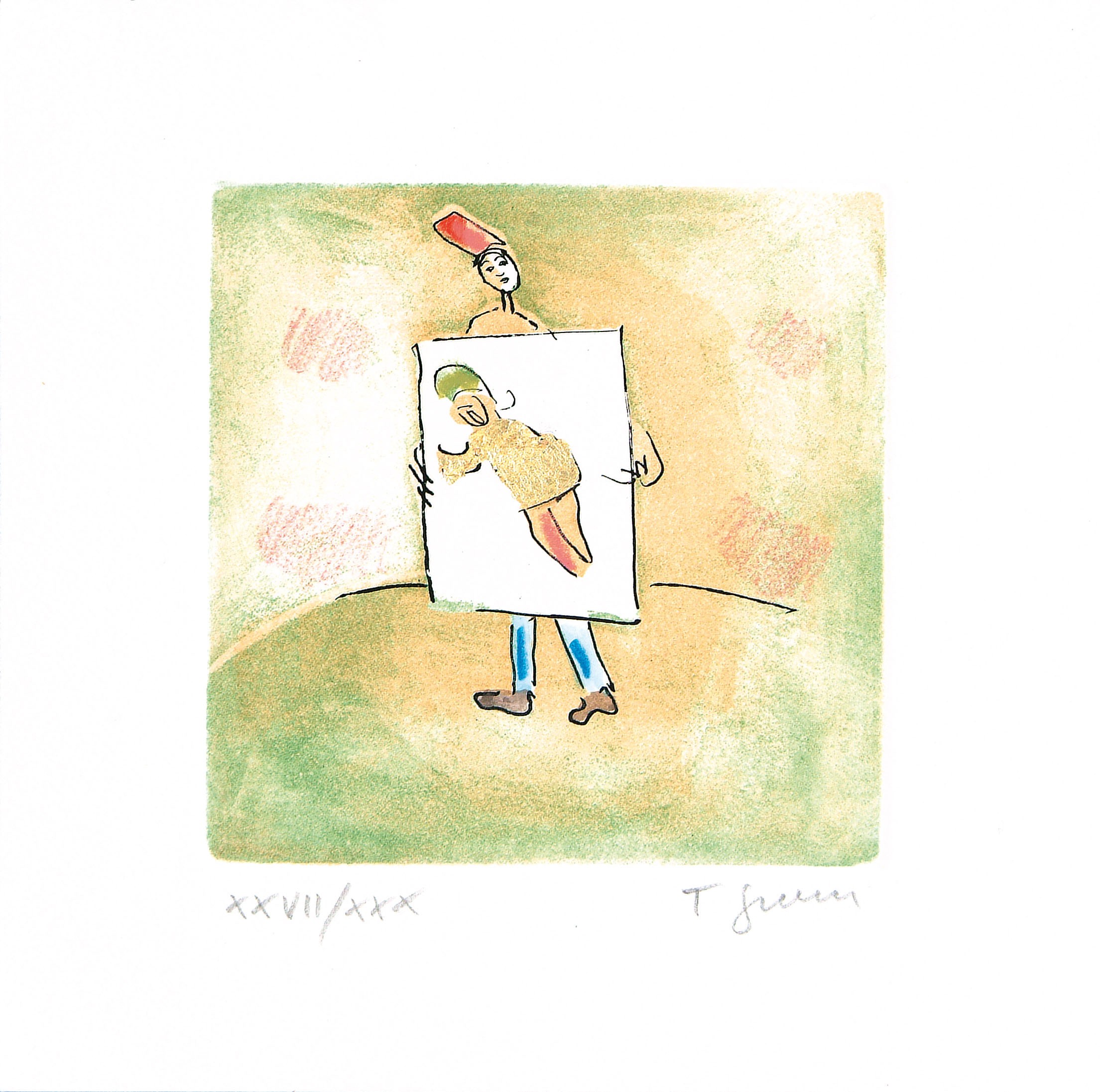 A drawing of a man holding a large piece of paper.