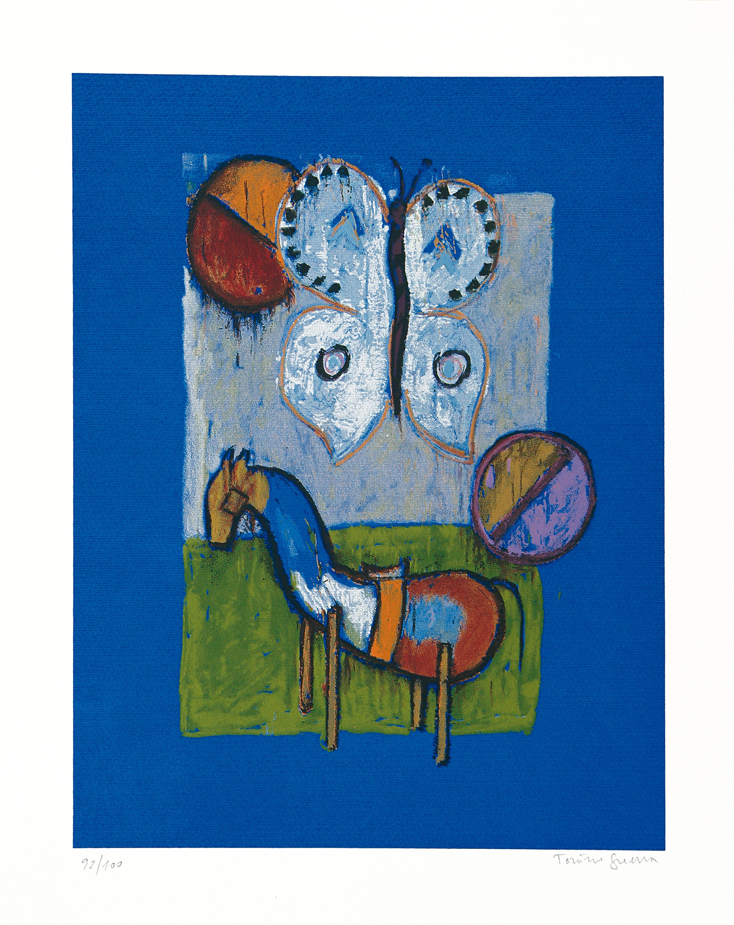 A painting of a horse and a butterfly on a blue background.
