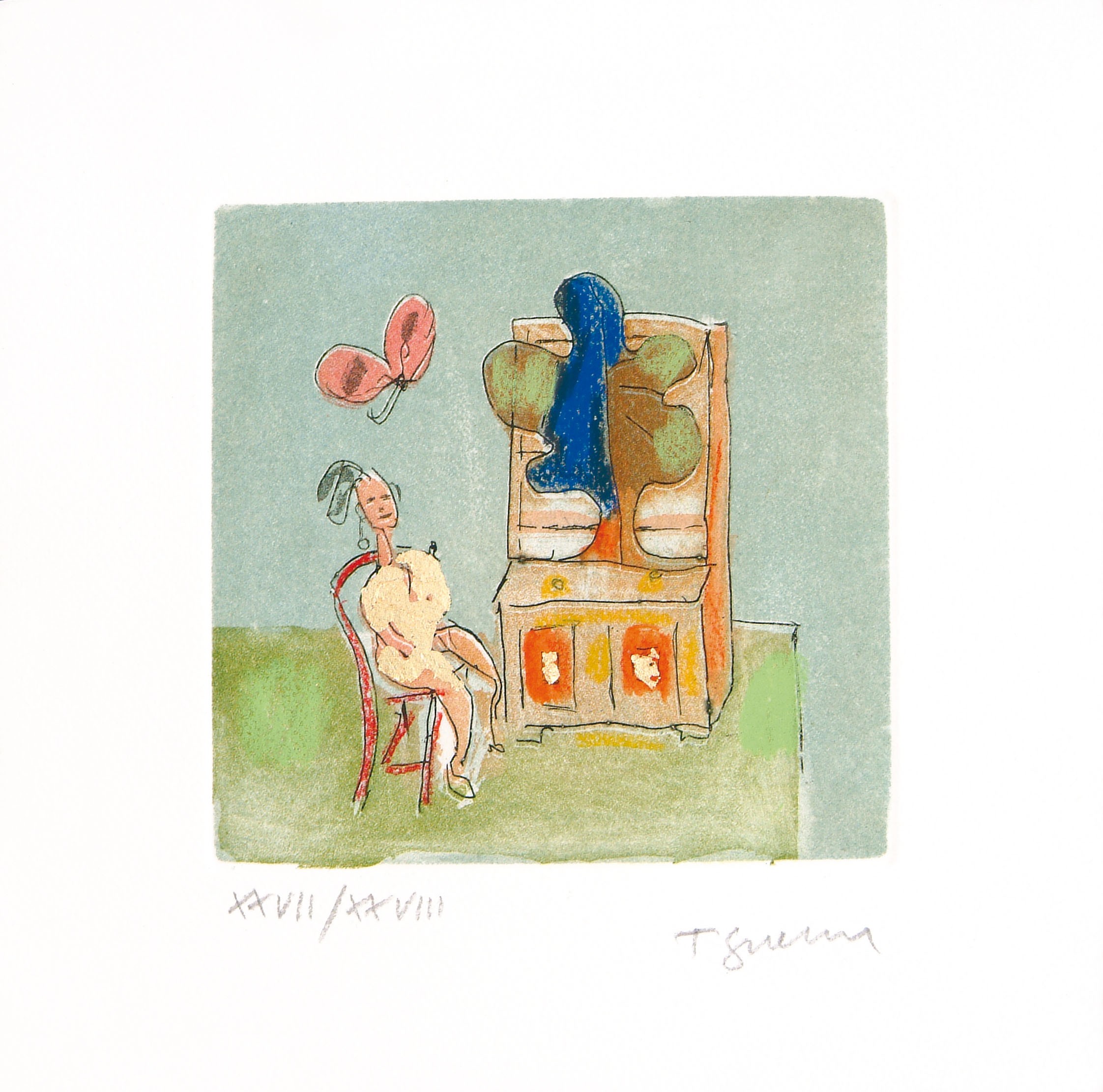 A drawing of a woman sitting in a chair next to a chair.