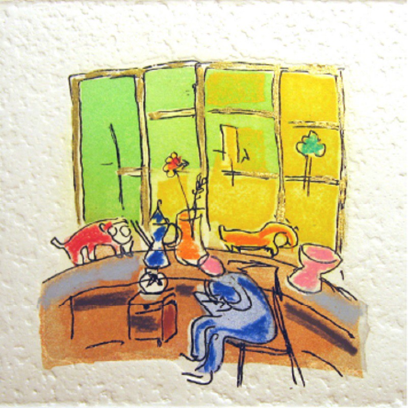 A painting of a person sitting at a table in front of a window.