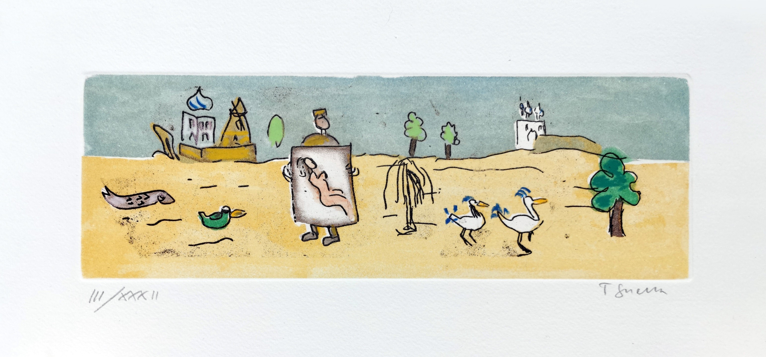 A drawing of a man standing in the middle of a desert.