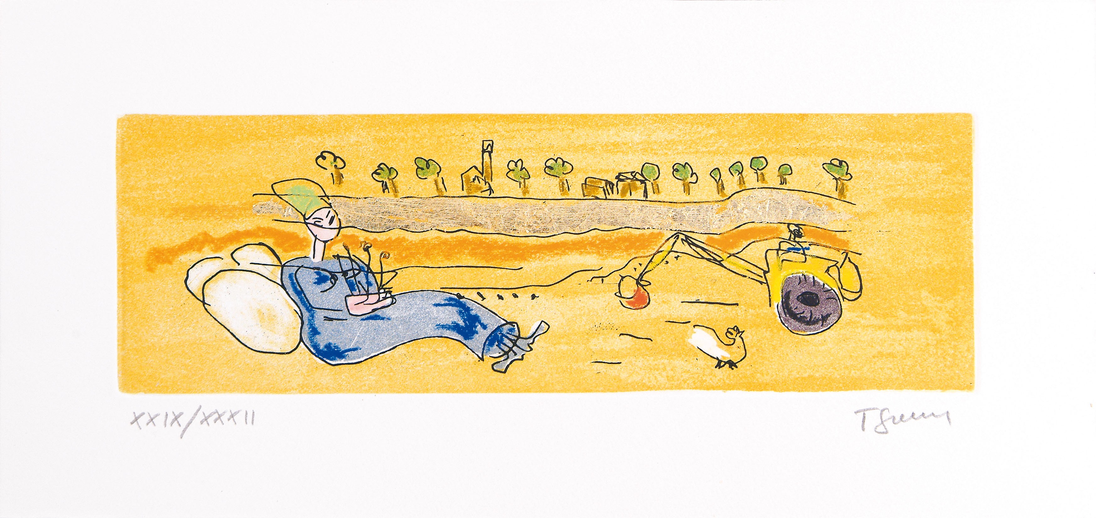A drawing of a man laying on the ground next to a tractor.
