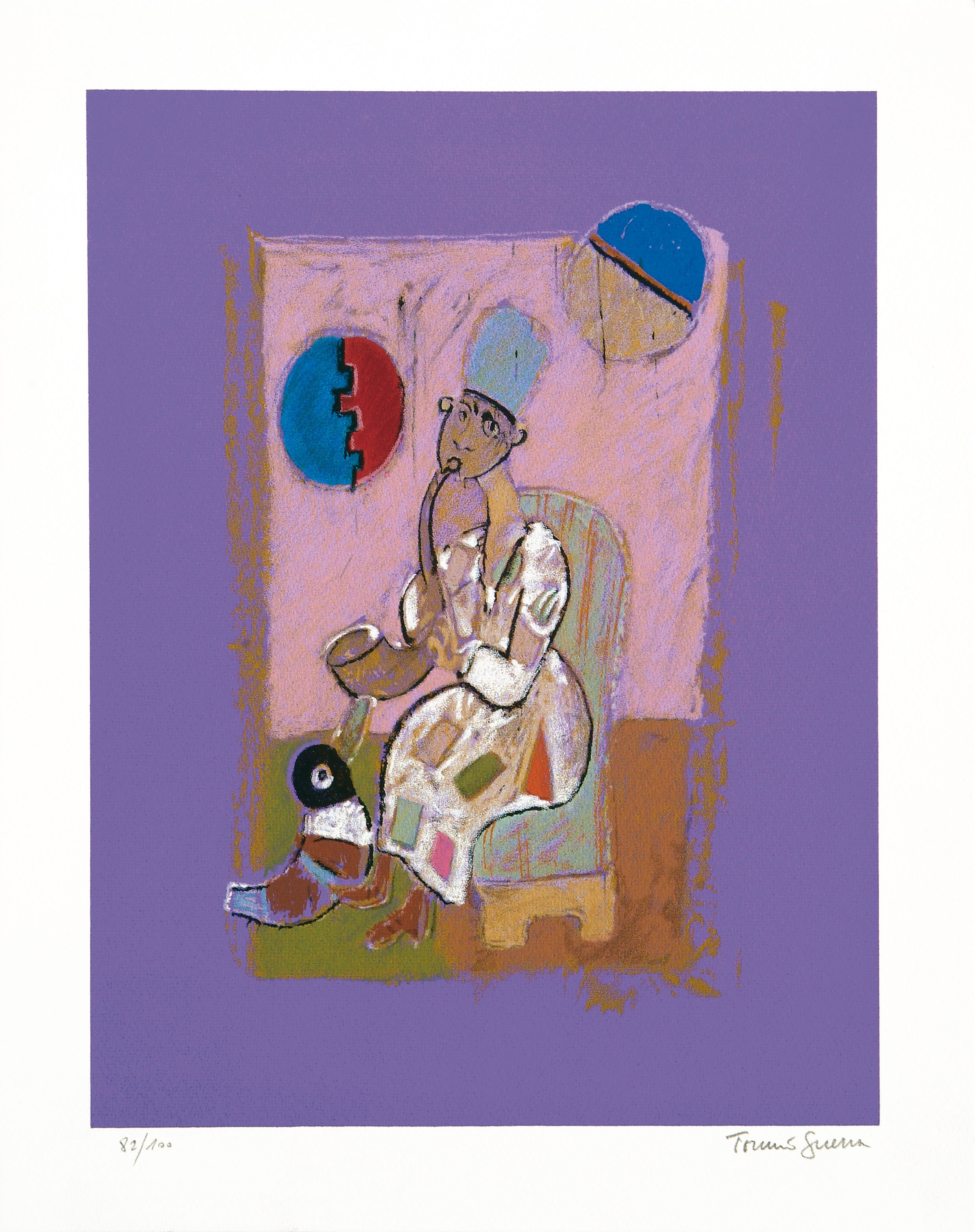 A painting of a woman sitting in a chair with a dog.