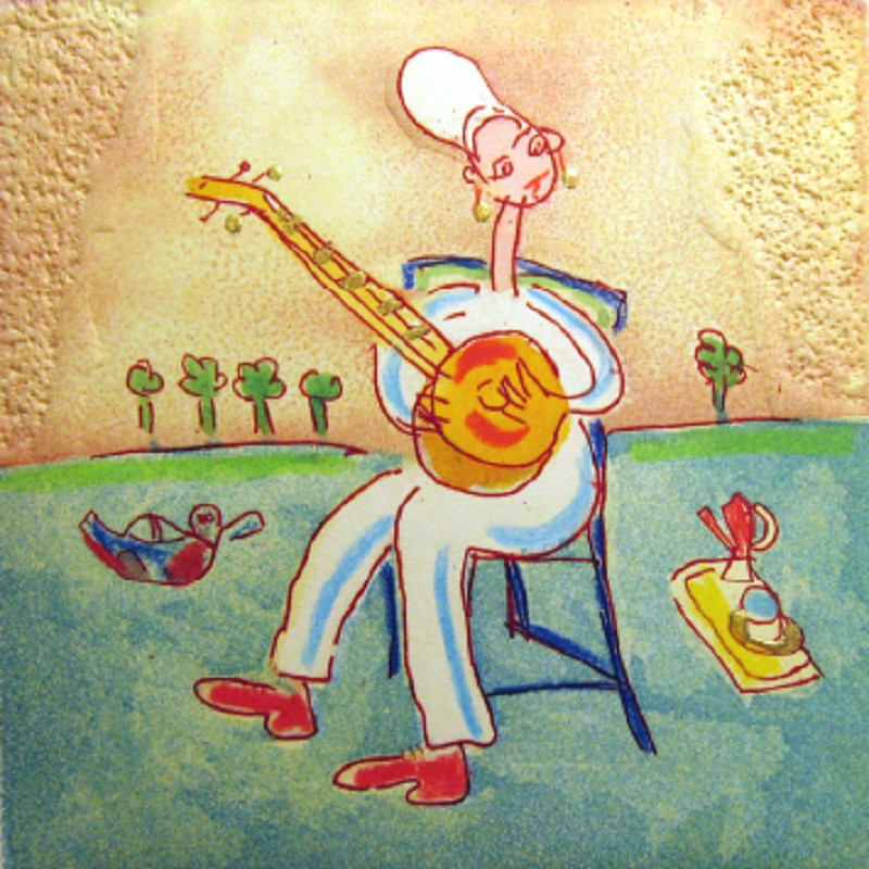 A painting of a chef playing a banjo in a kitchen.