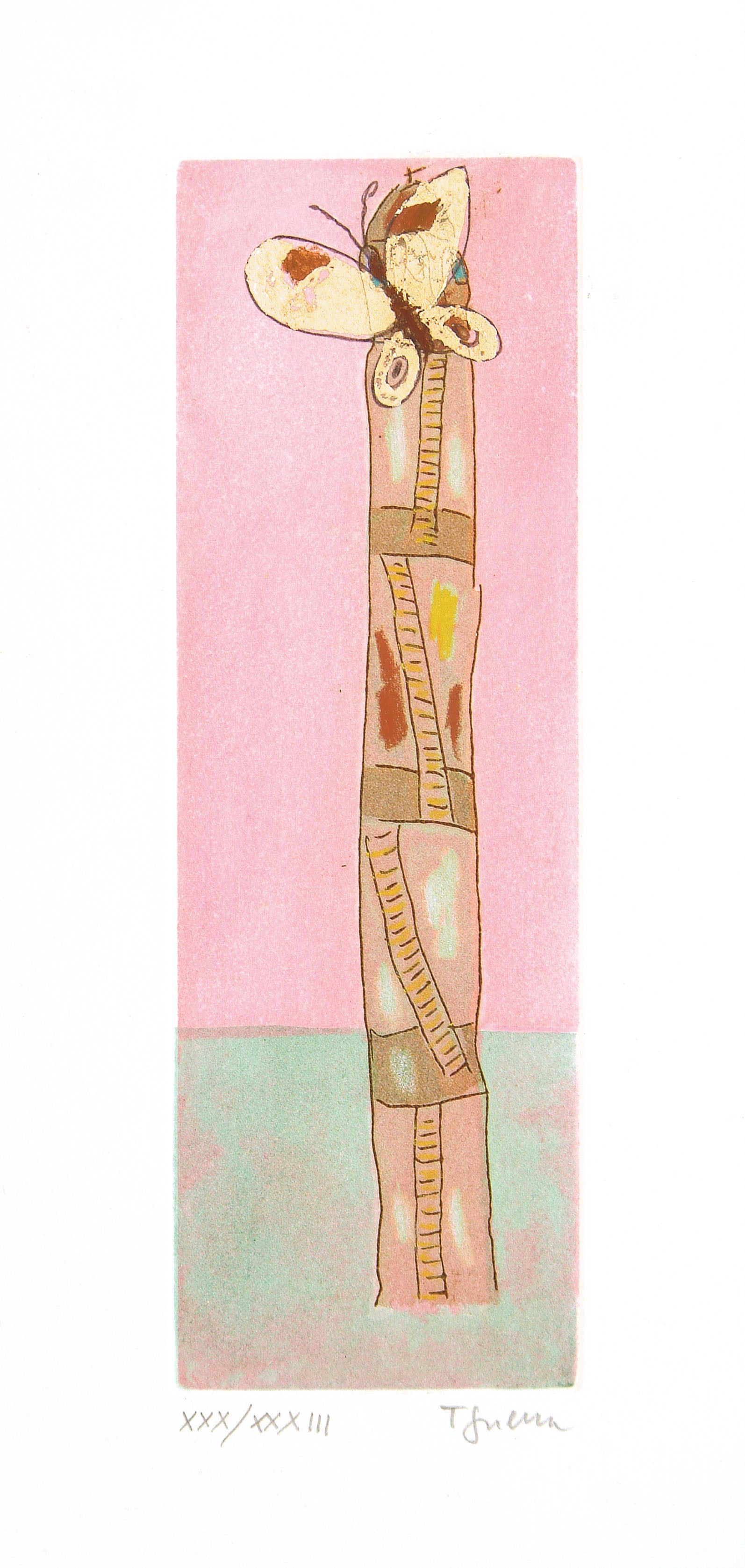 A drawing of a tall pole with a butterfly on it.