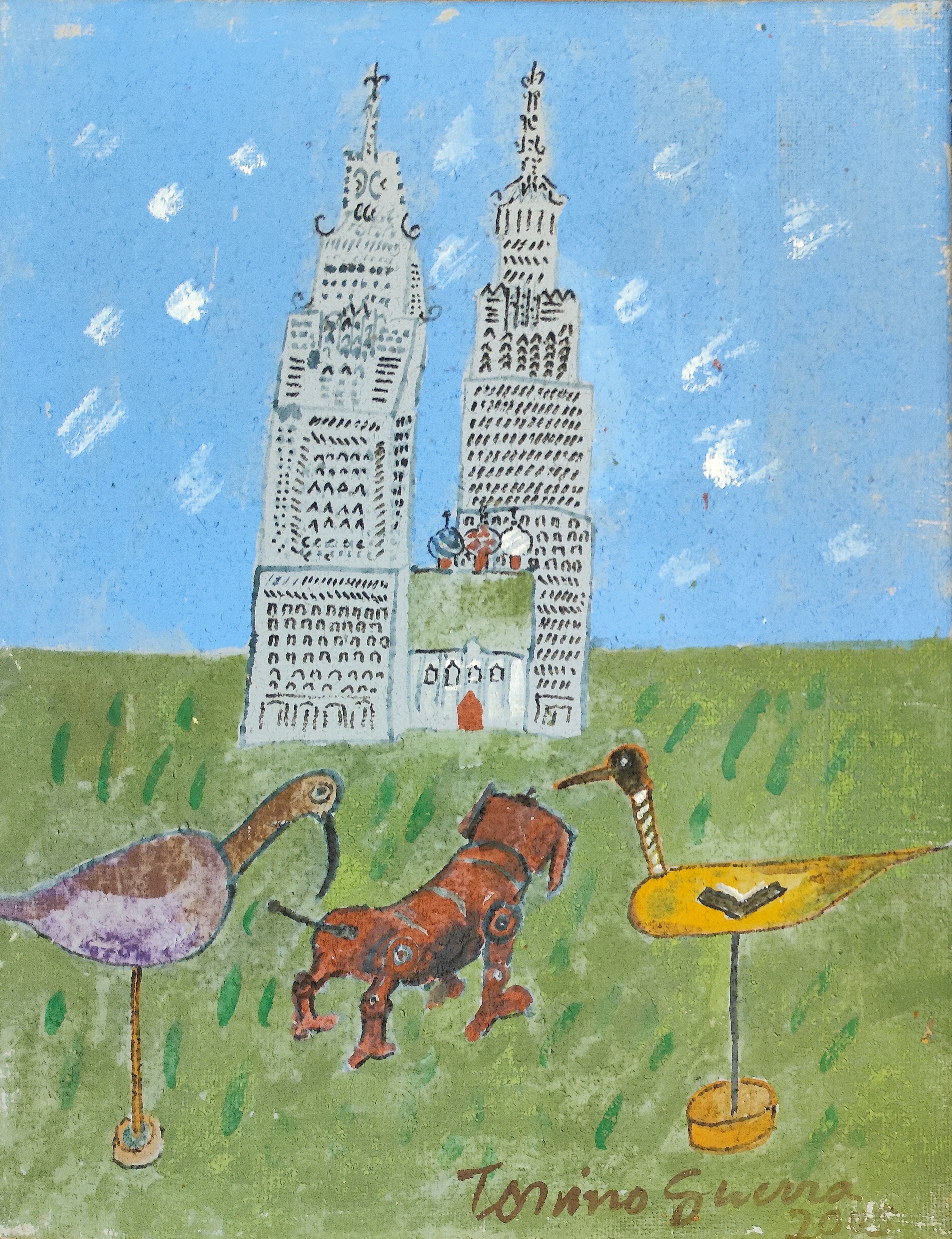 A painting of a dog and a bird in a field.